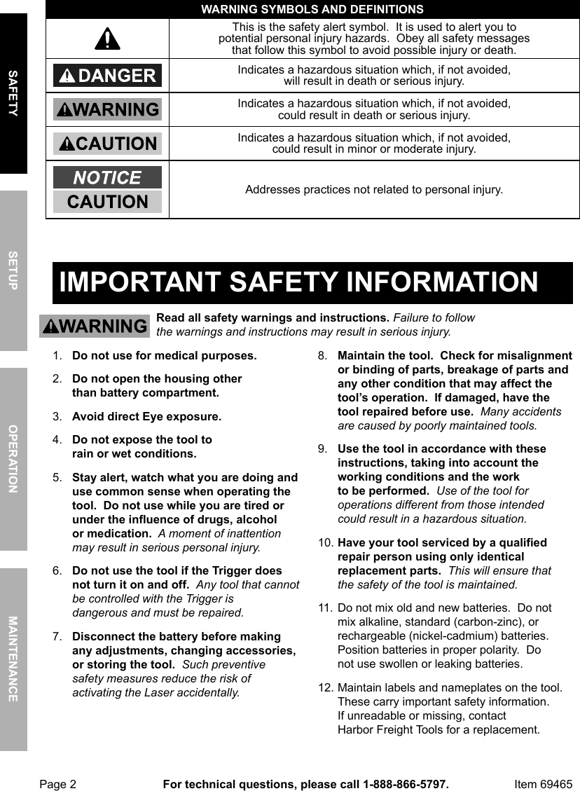 Page 2 of 8 - Manual For The 69465 Infrared Thermometer With Laser Targeting, Non-Contact