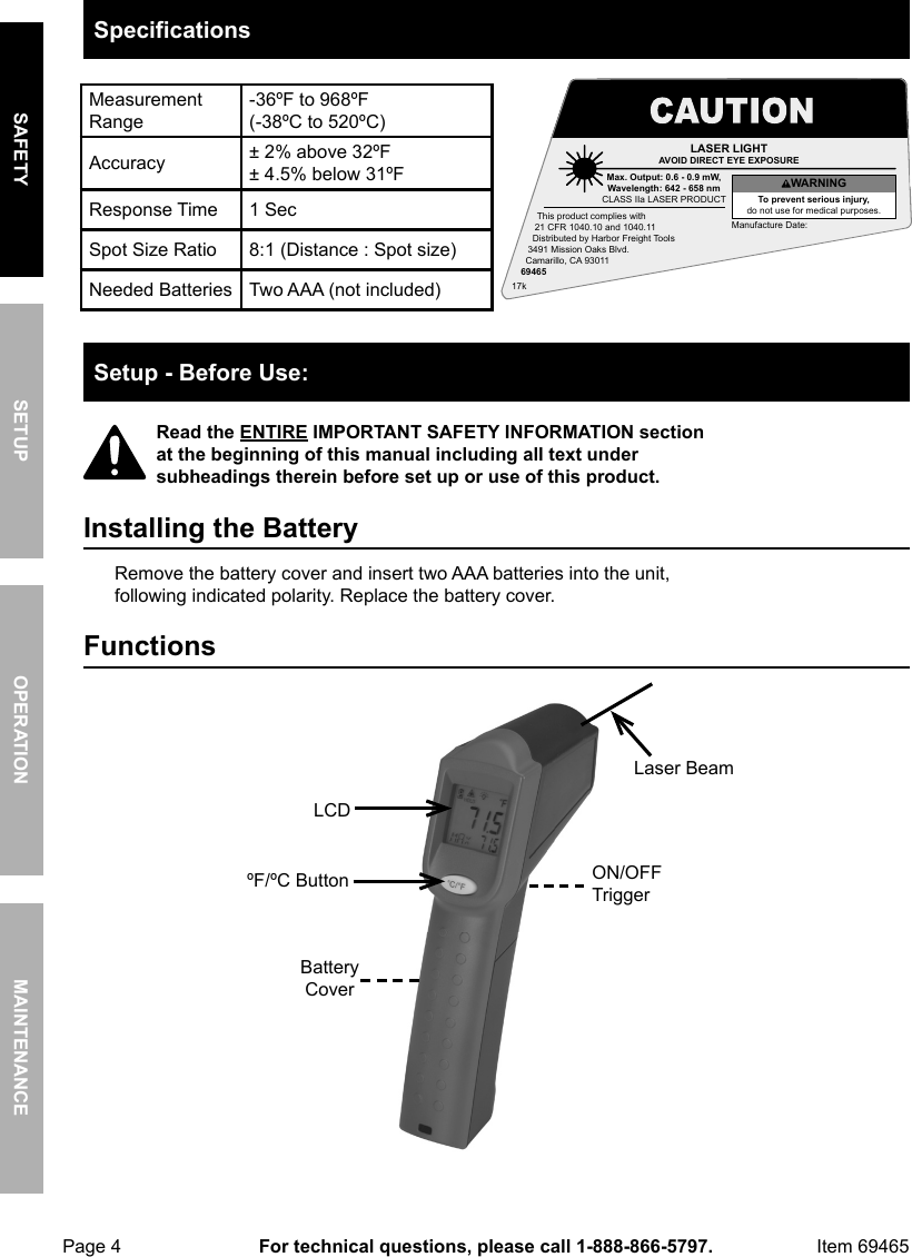 Page 4 of 8 - Manual For The 69465 Infrared Thermometer With Laser Targeting, Non-Contact