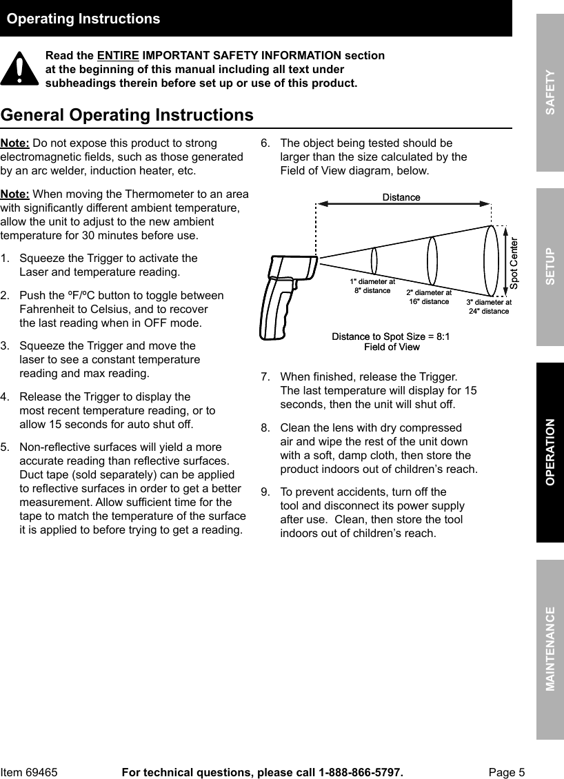 Page 5 of 8 - Manual For The 69465 Infrared Thermometer With Laser Targeting, Non-Contact