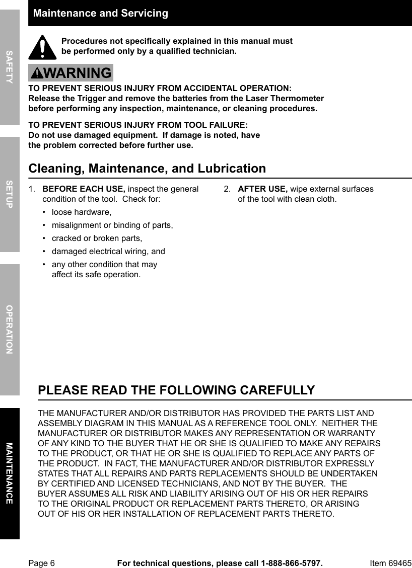 Page 6 of 8 - Manual For The 69465 Infrared Thermometer With Laser Targeting, Non-Contact