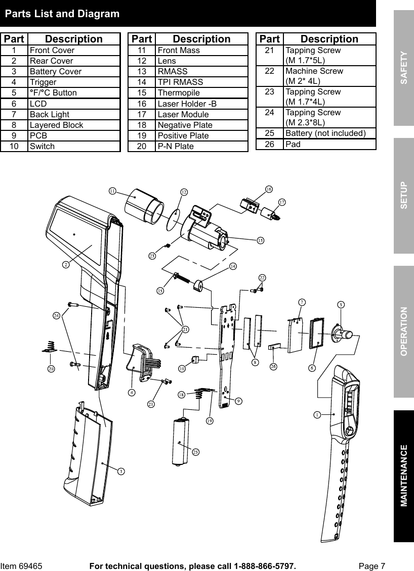 Page 7 of 8 - Manual For The 69465 Infrared Thermometer With Laser Targeting, Non-Contact