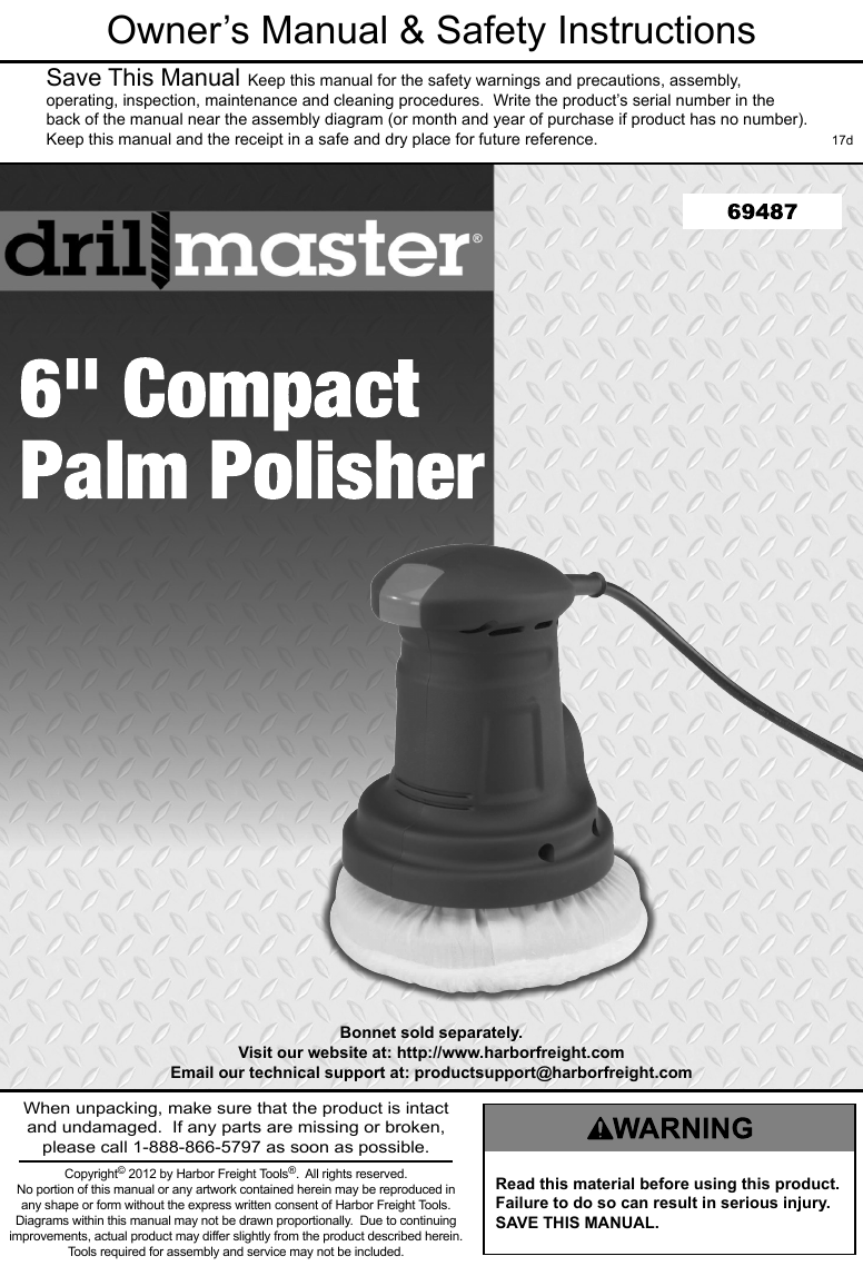 Page 1 of 12 - Manual For The 69487 6 In. Compact Palm Polisher