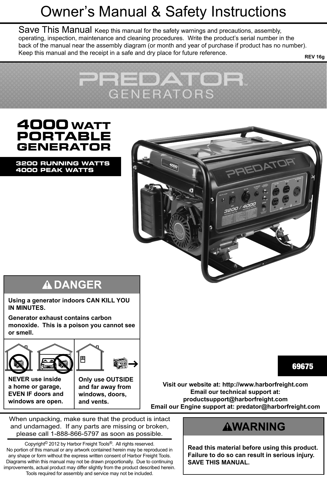 Manual For The 69675 212cc, 4000 Watts Max/3200 Rated Portable ...