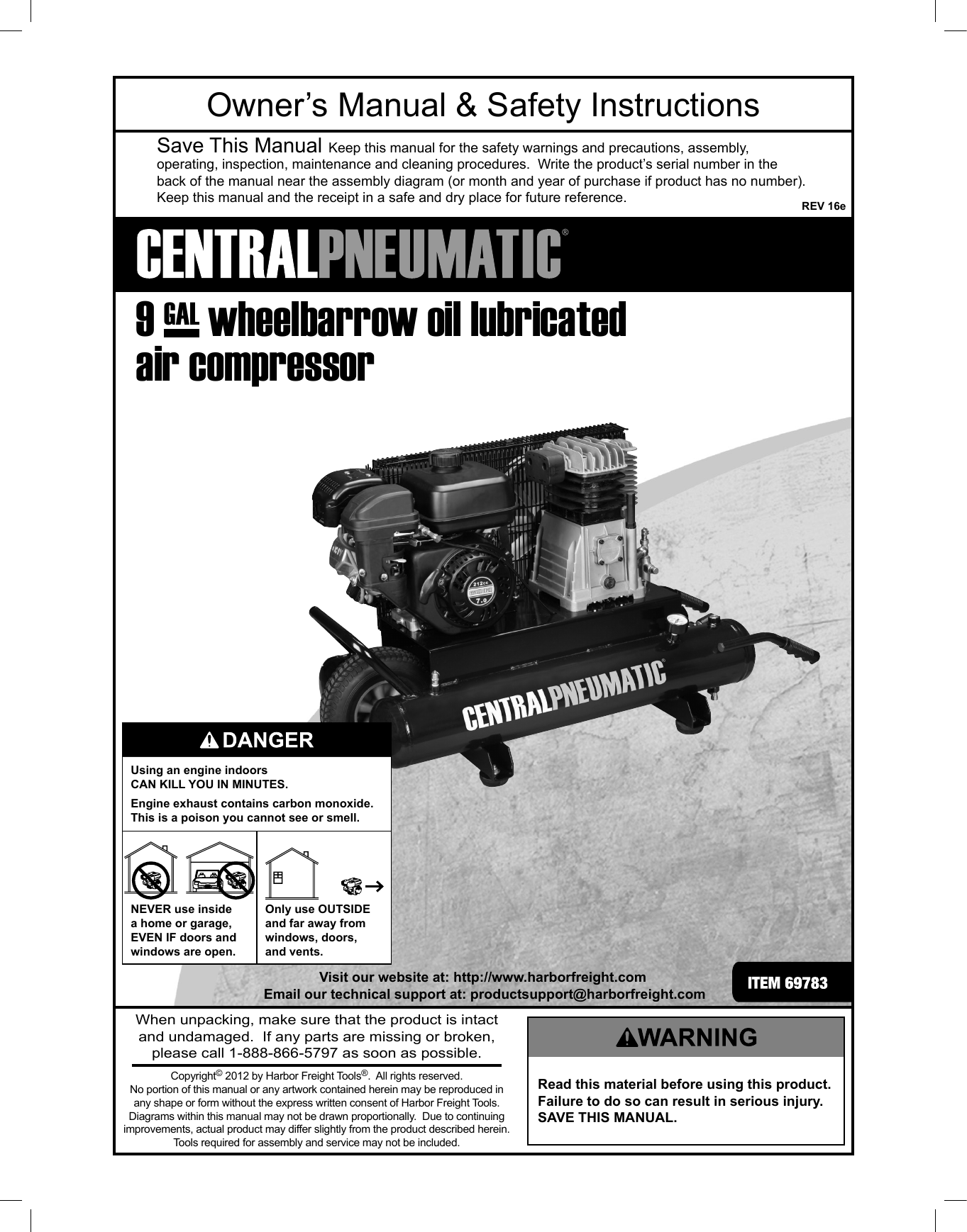 Manual For The 69783 9 Gal. 212cc 135 PSI Wheelbarrow Air Compressor