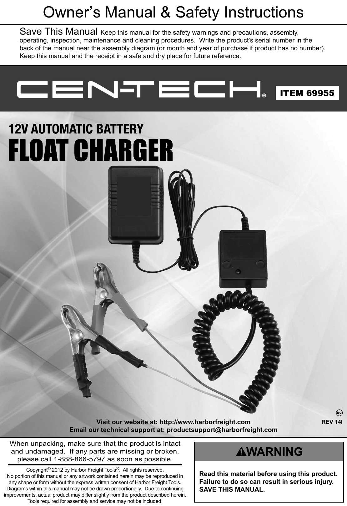 Page 1 of 4 - Manual For The 69955 Battery Float Charger, Automatic