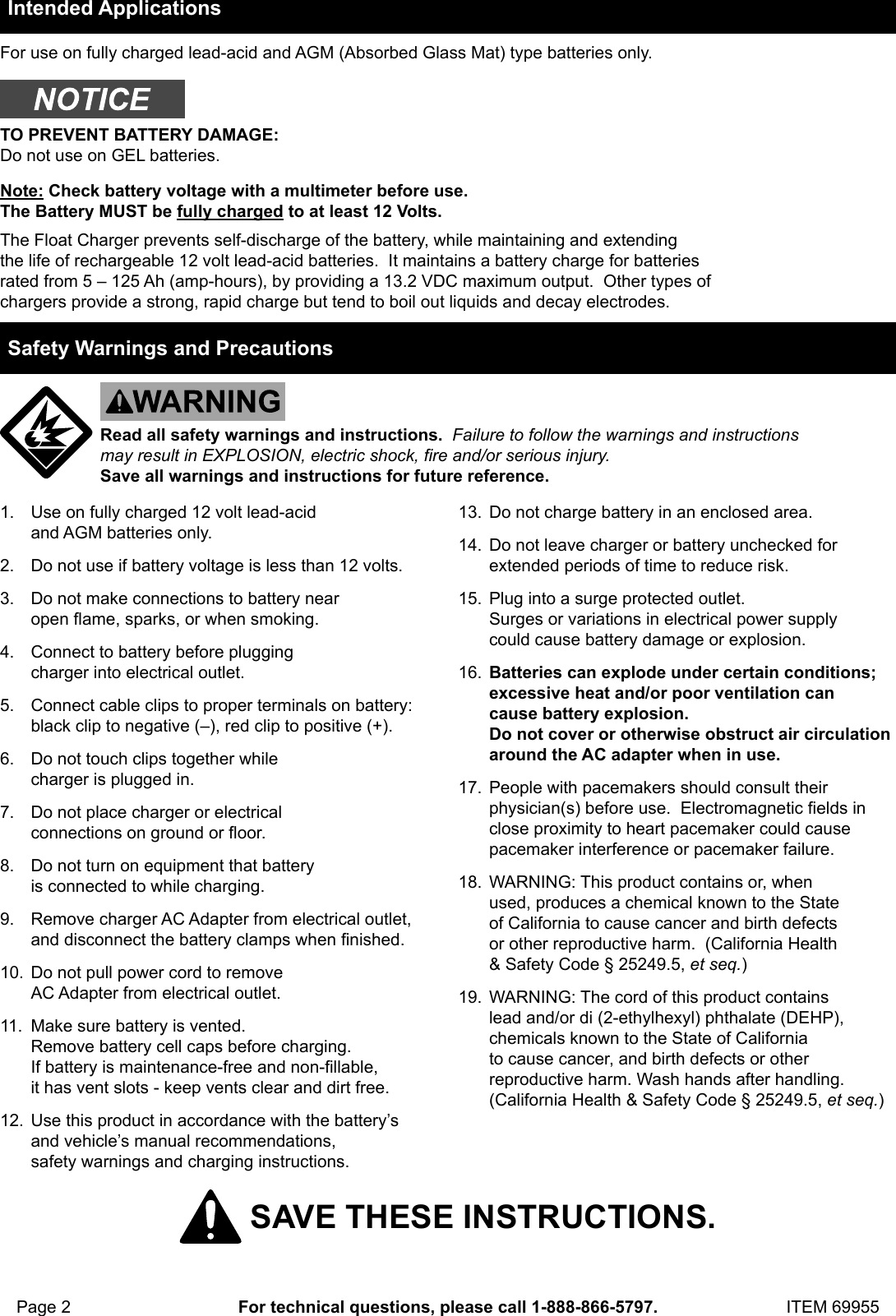Page 2 of 4 - Manual For The 69955 Battery Float Charger, Automatic