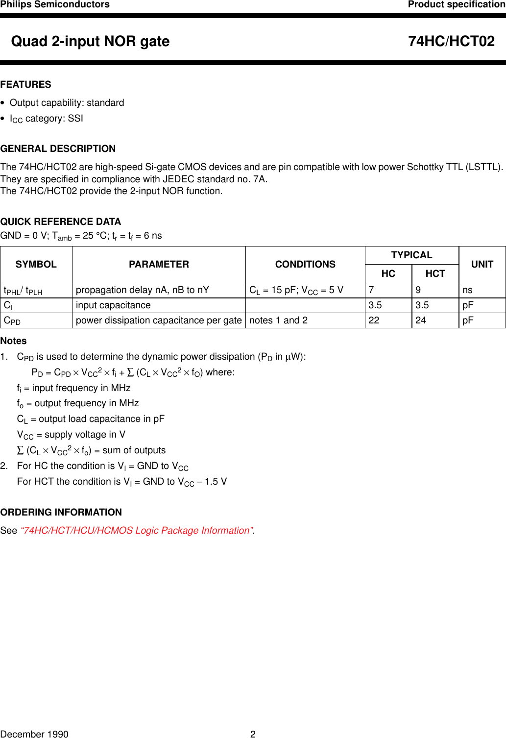 Page 2 of 5 - 74HC/HCT02 Quad 2-input NOR Gate 74HC T02