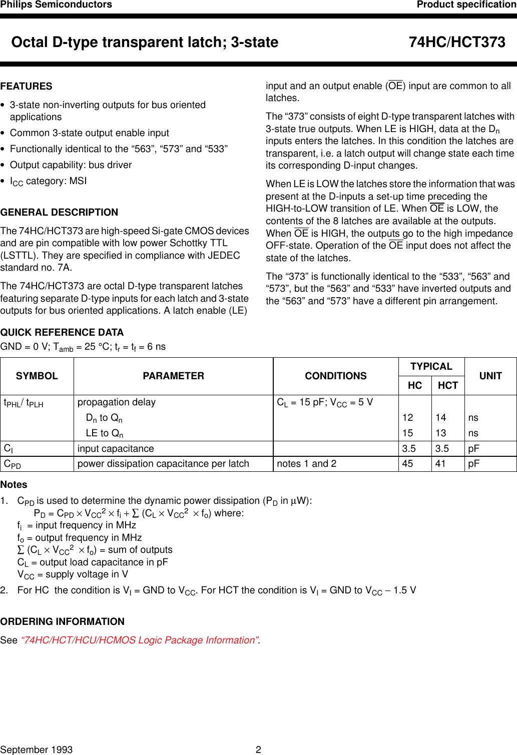 Page 2 of 8 - 74HC/HCT373 Octal D-type Transparent Latch; 3-state 74HCT373
