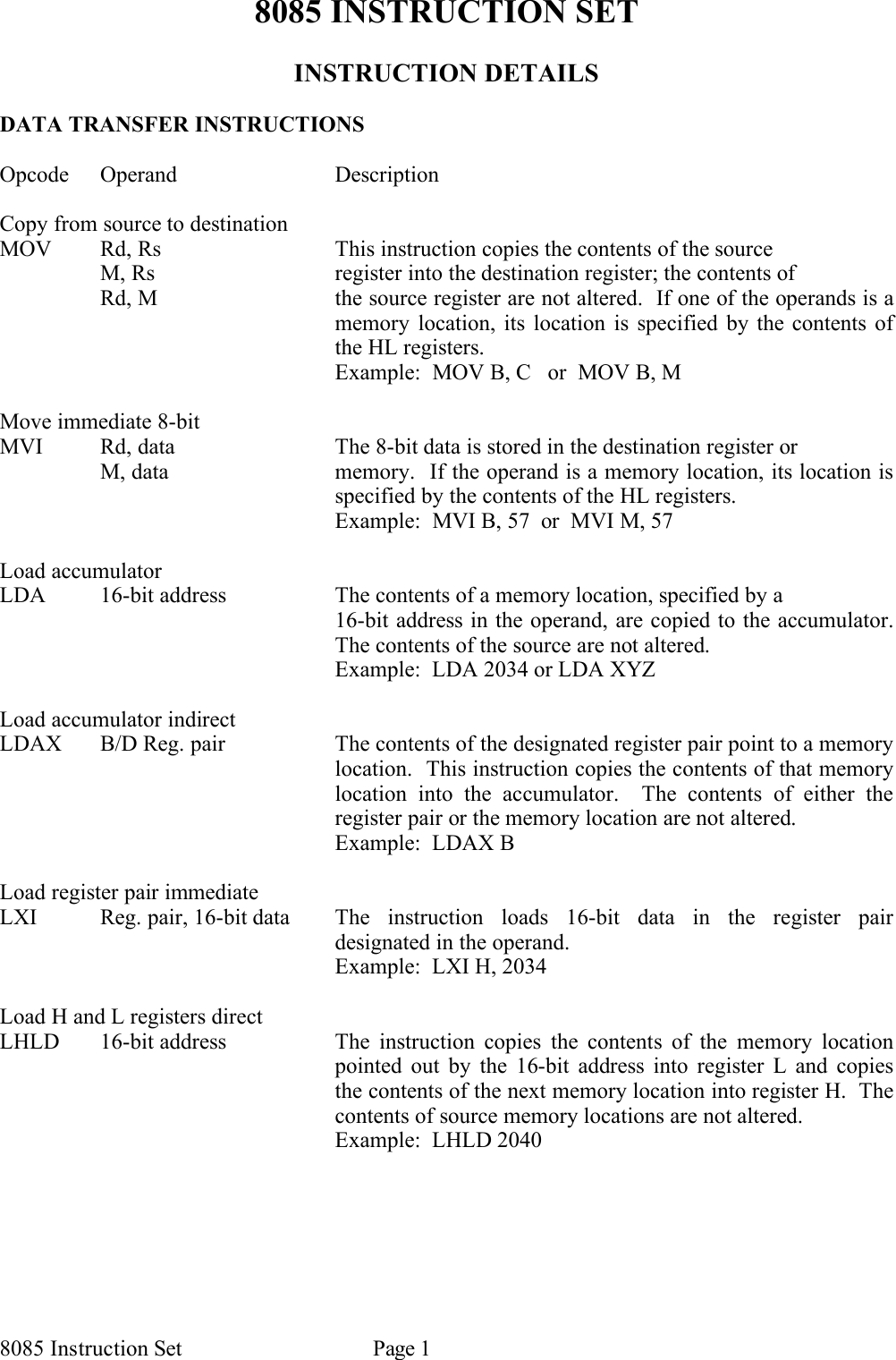 8085 Instruction Set Instructions