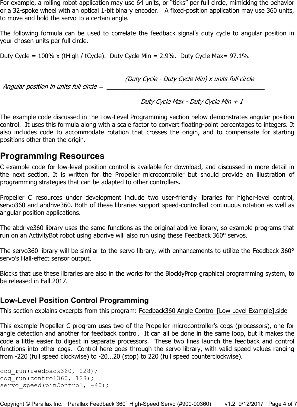 Page 4 of 7 - Parallax Feedback 360° High-Speed Servo (#900-00360) Product Guide 900-00360-feedback-360-hs-servo-v12