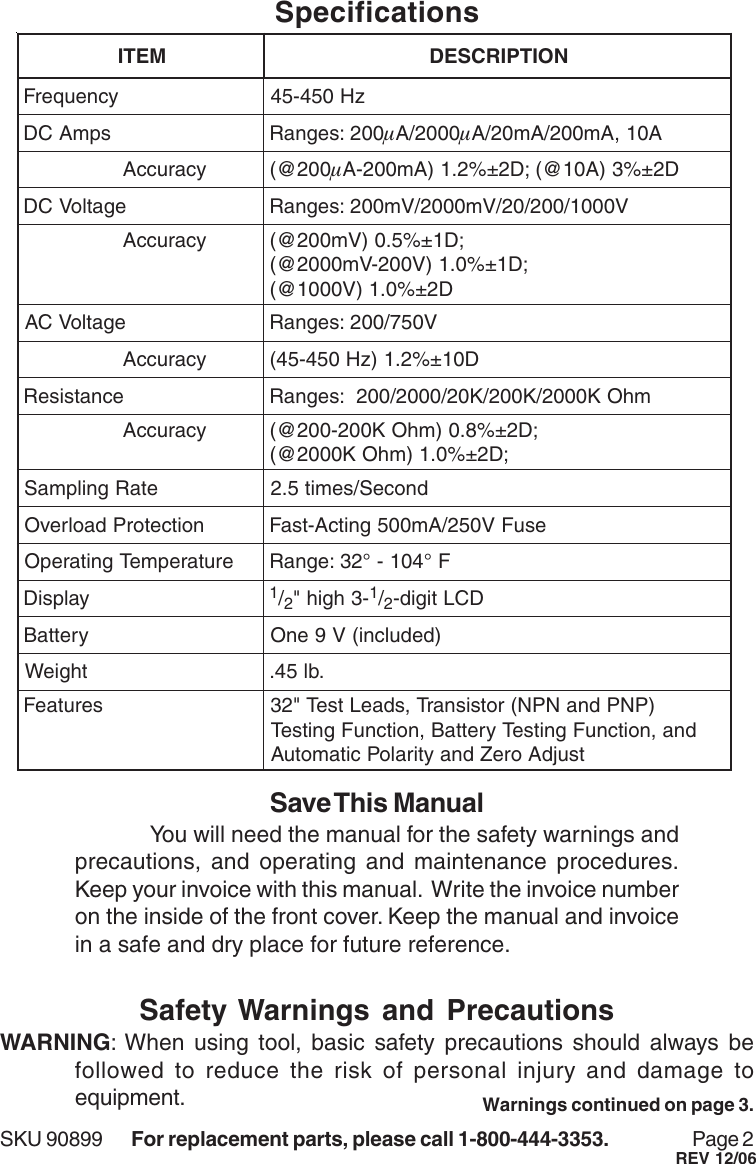 Page 2 of 7 - 90899 Manual  For The 7 Function Digital Multimeter