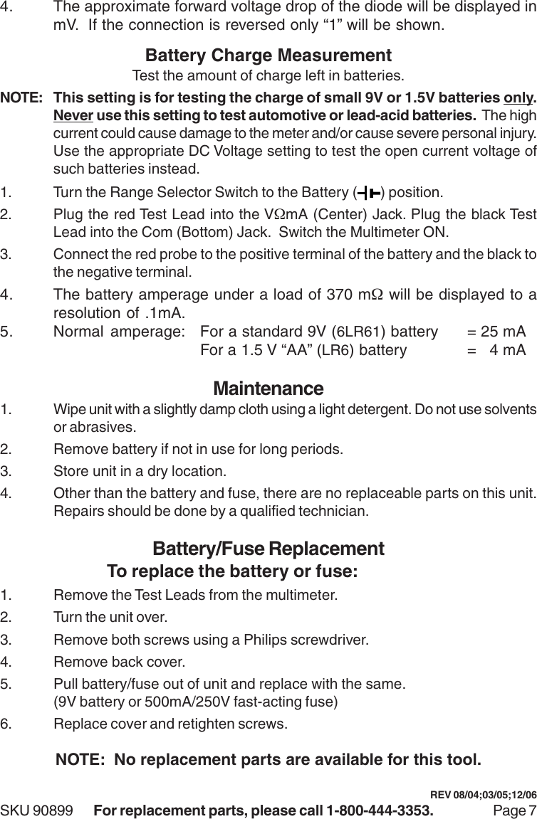 Page 7 of 7 - 90899 Manual  For The 7 Function Digital Multimeter