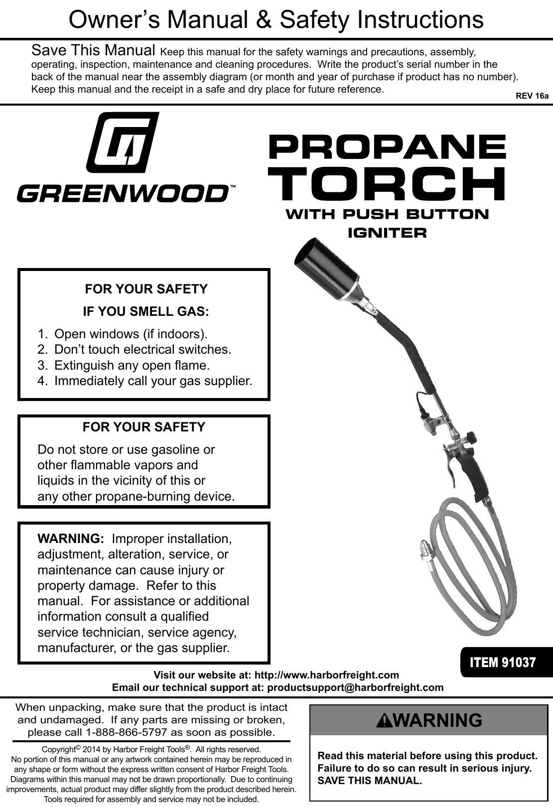 Page 1 of 8 - Manual For The 91037 Propane Torch With Push Button Igniter