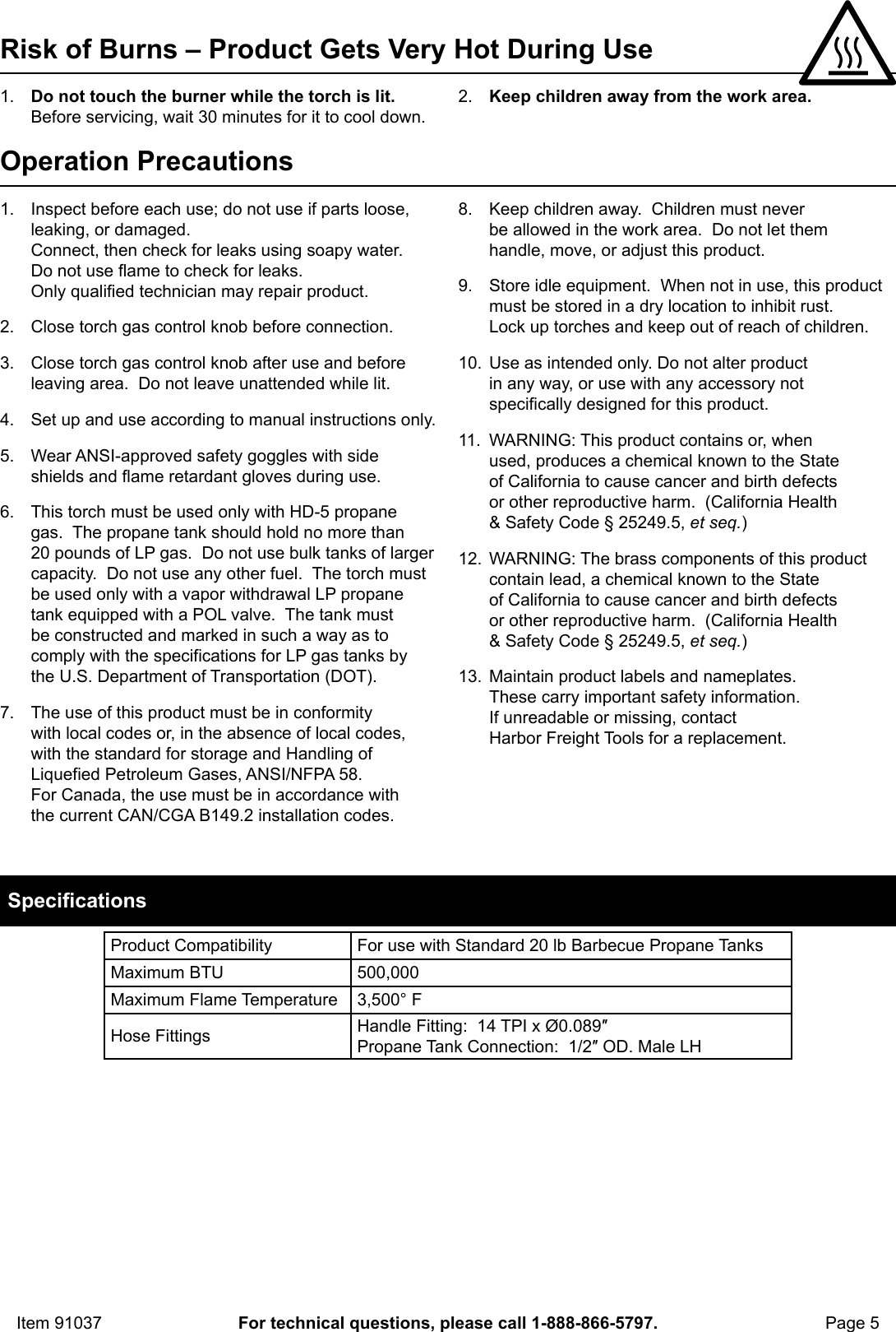 Page 5 of 8 - Manual For The 91037 Propane Torch With Push Button Igniter