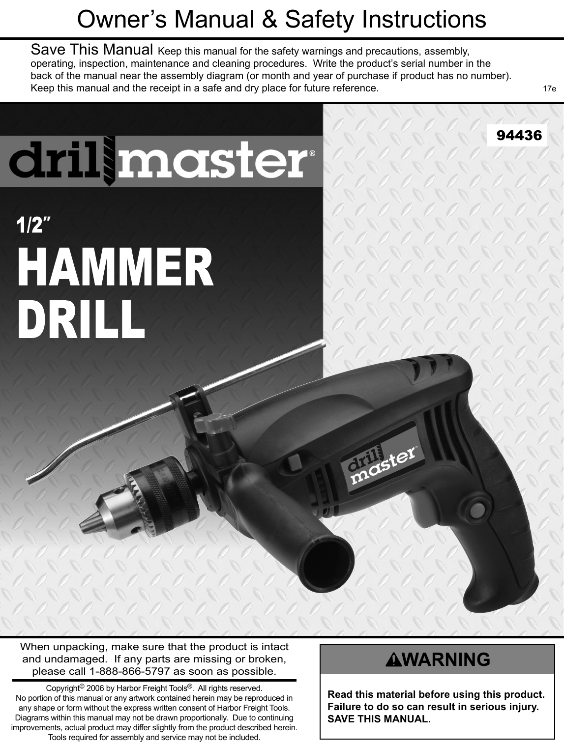 Page 1 of 12 - Manual For The 94436 1/2 In. Hammer Drill