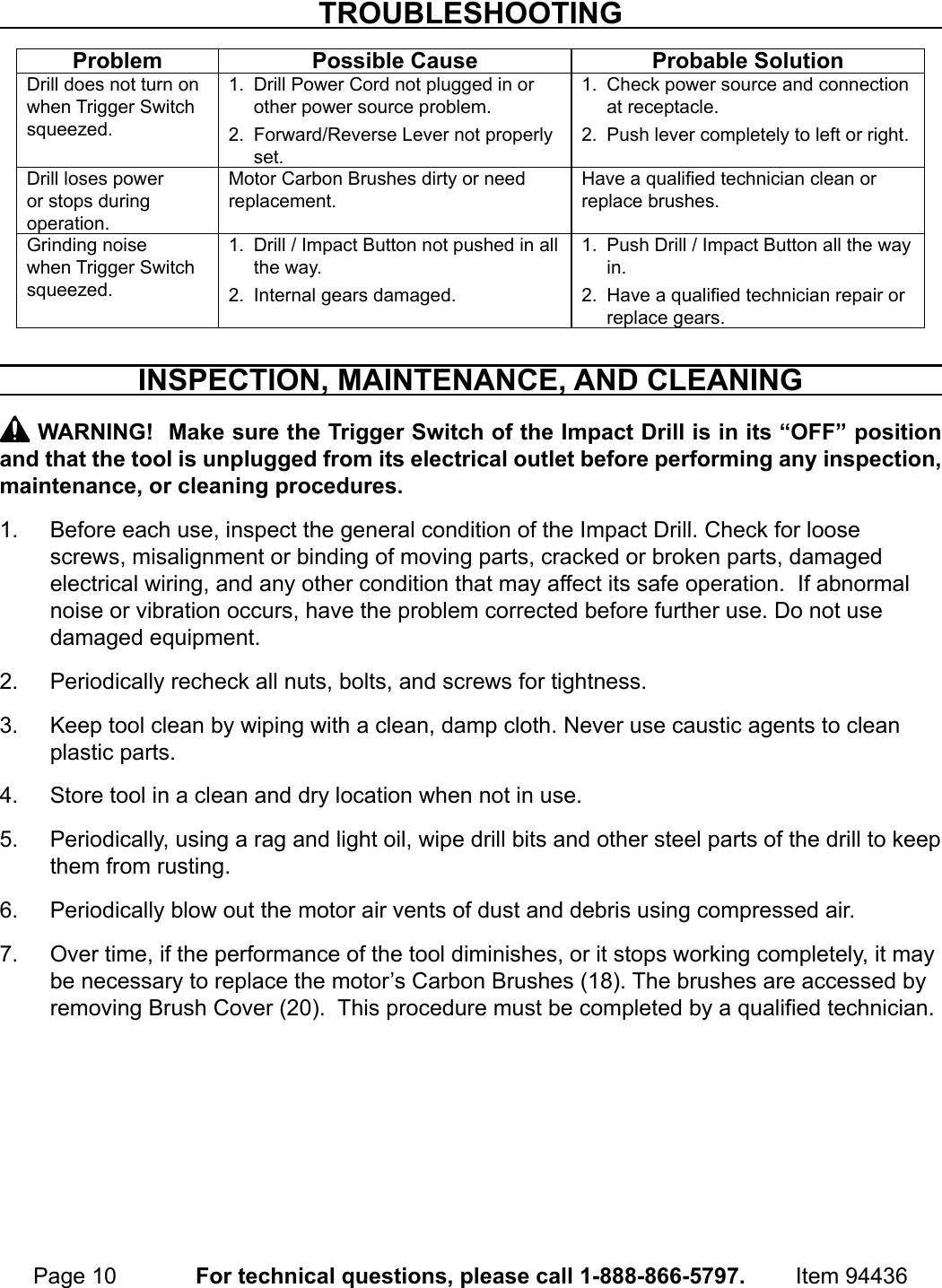Page 10 of 12 - Manual For The 94436 1/2 In. Hammer Drill