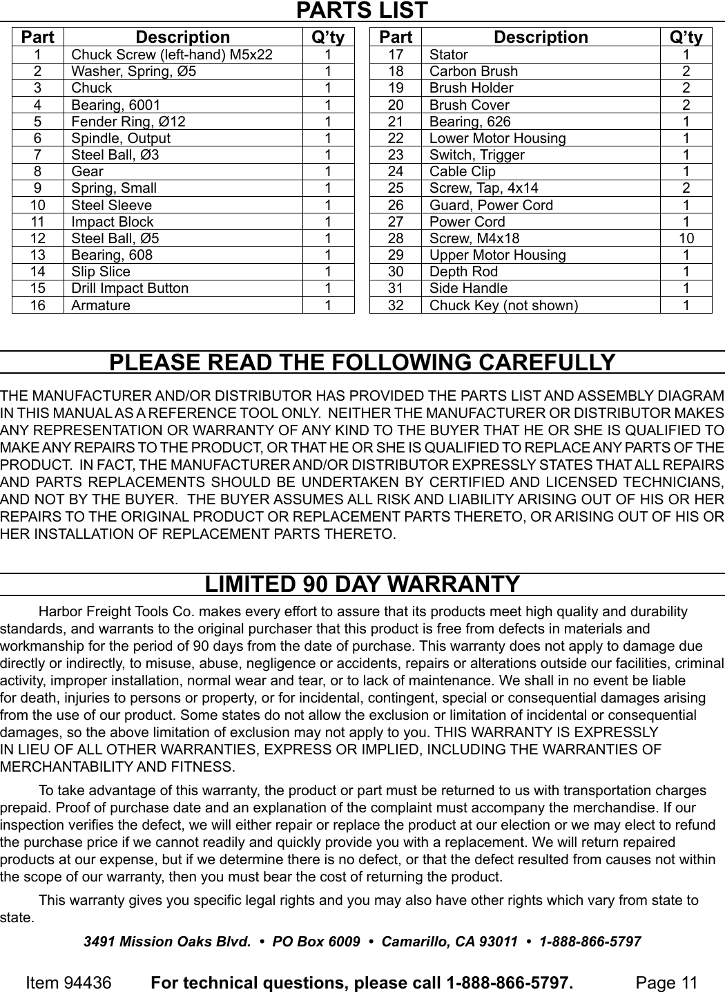 Page 11 of 12 - Manual For The 94436 1/2 In. Hammer Drill