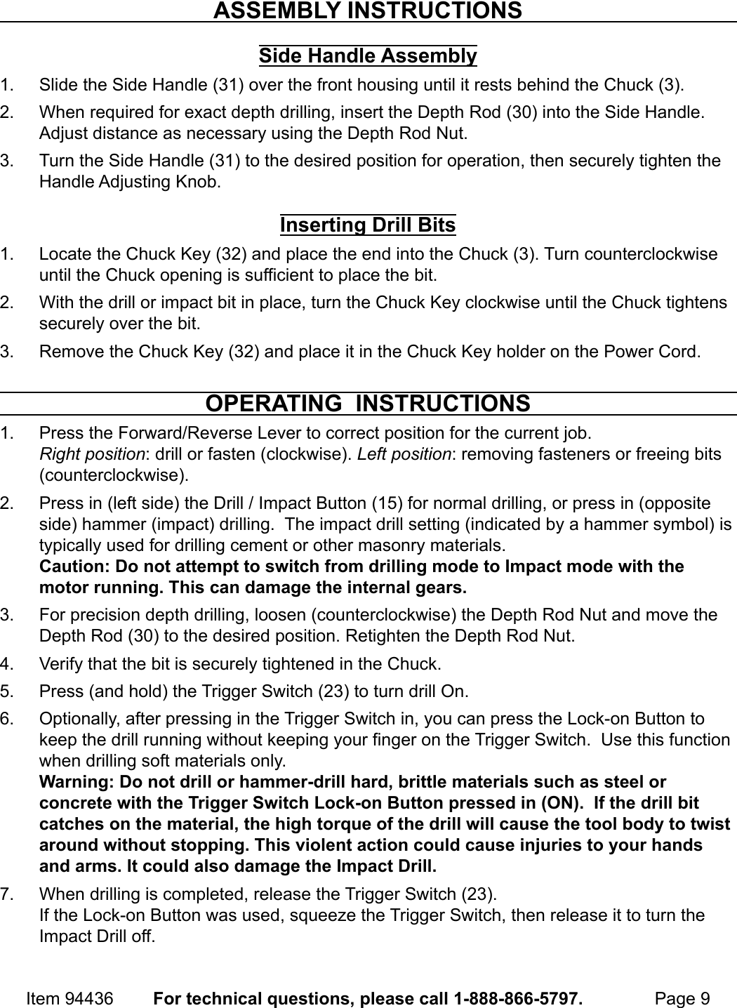 Page 9 of 12 - Manual For The 94436 1/2 In. Hammer Drill
