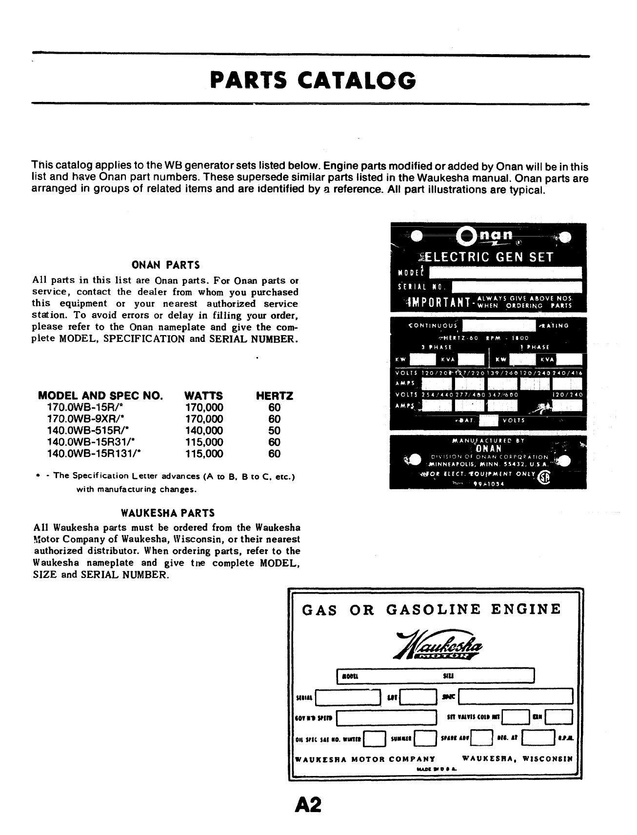 Dpt5183 Tmp 948 0305 Onan Wb Spec H L Genset Parts Manual 09 1974
