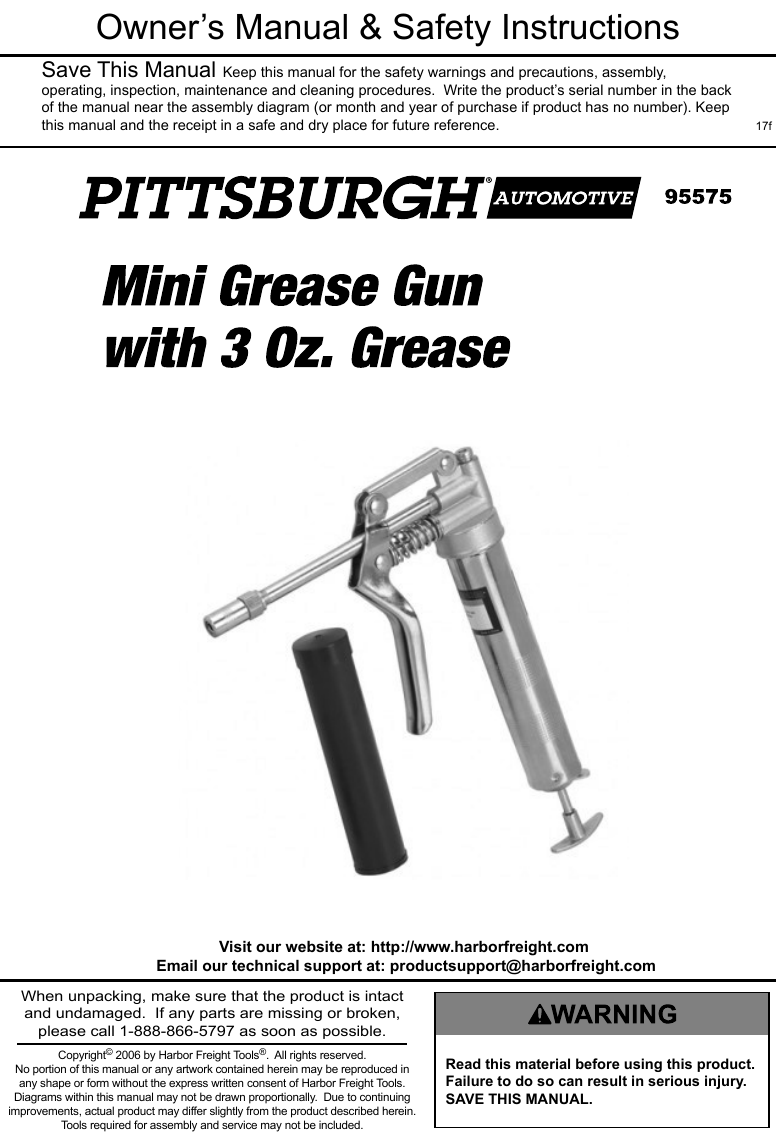 Manual For The 95575 Mini Grease Gun With 3 Oz.