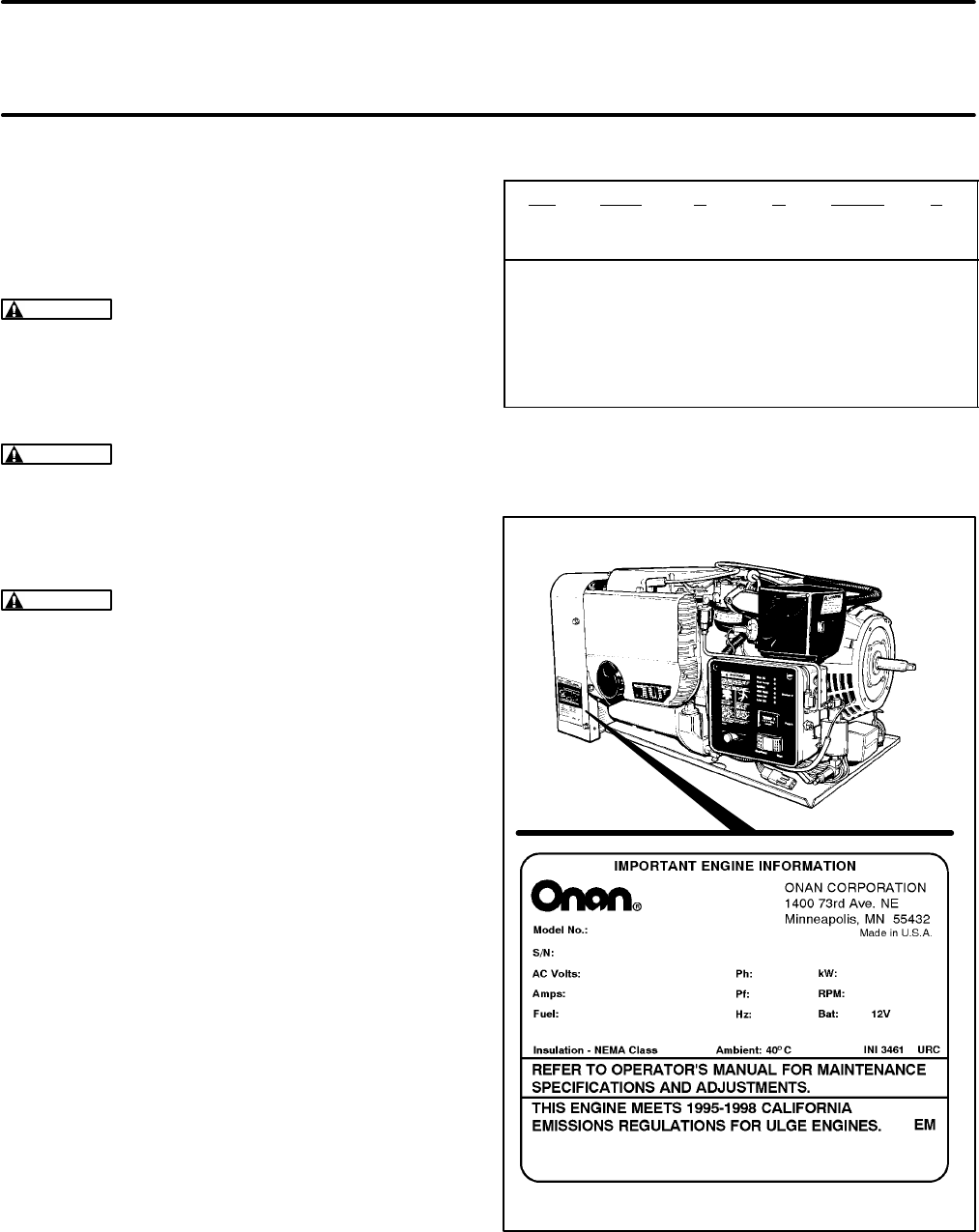 Vintage 1996 Onan Generator Set Operators Manual BGD NHD 965-0135 