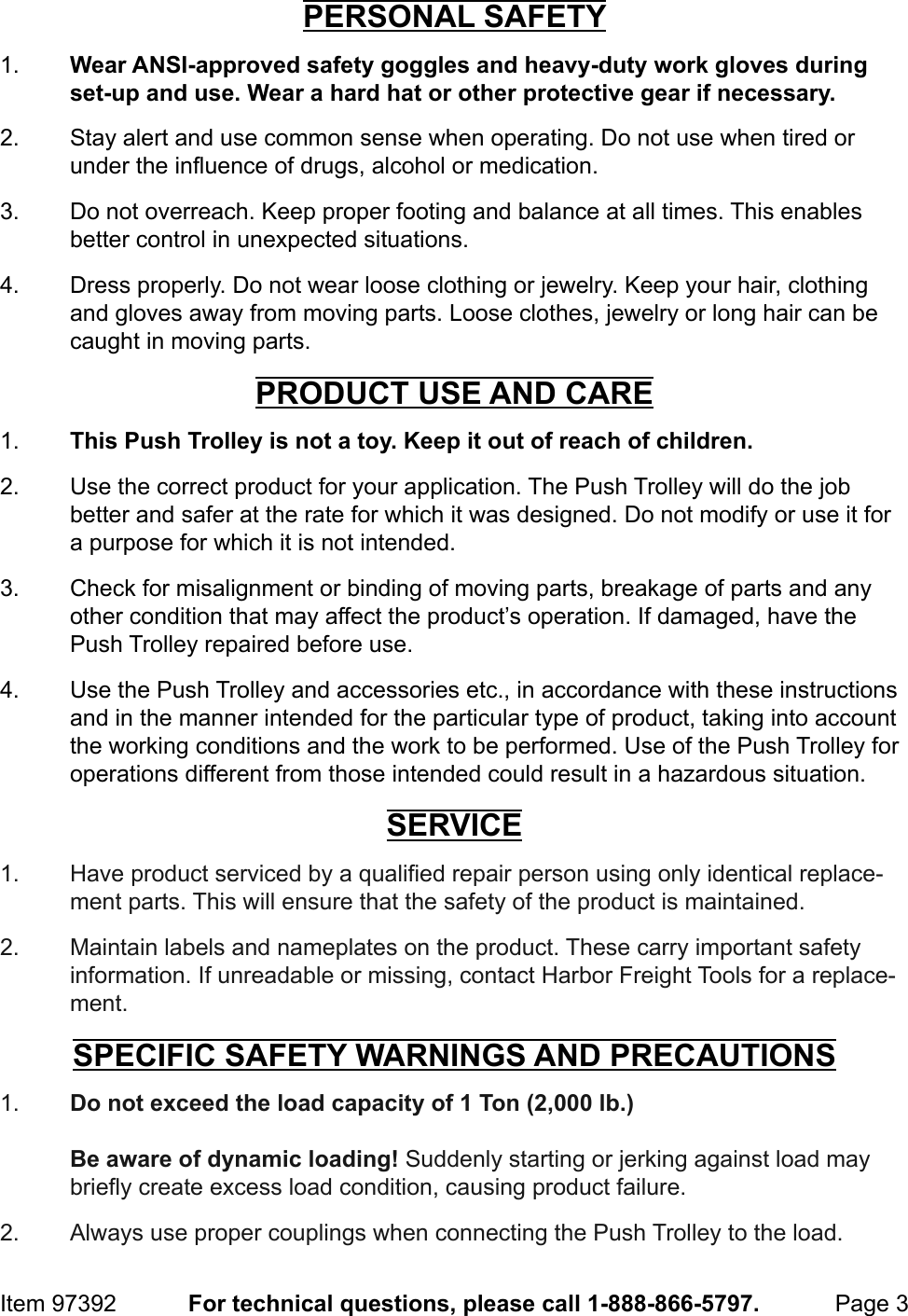 Page 3 of 8 - Manual For The 97392 1 Ton Push Beam Trolley