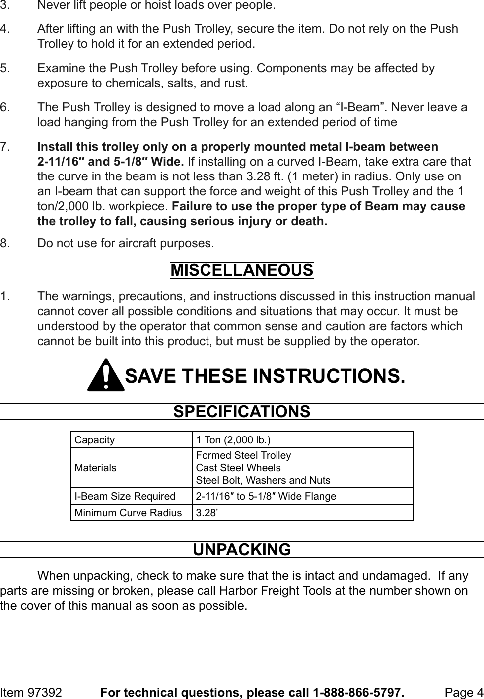 Page 4 of 8 - Manual For The 97392 1 Ton Push Beam Trolley