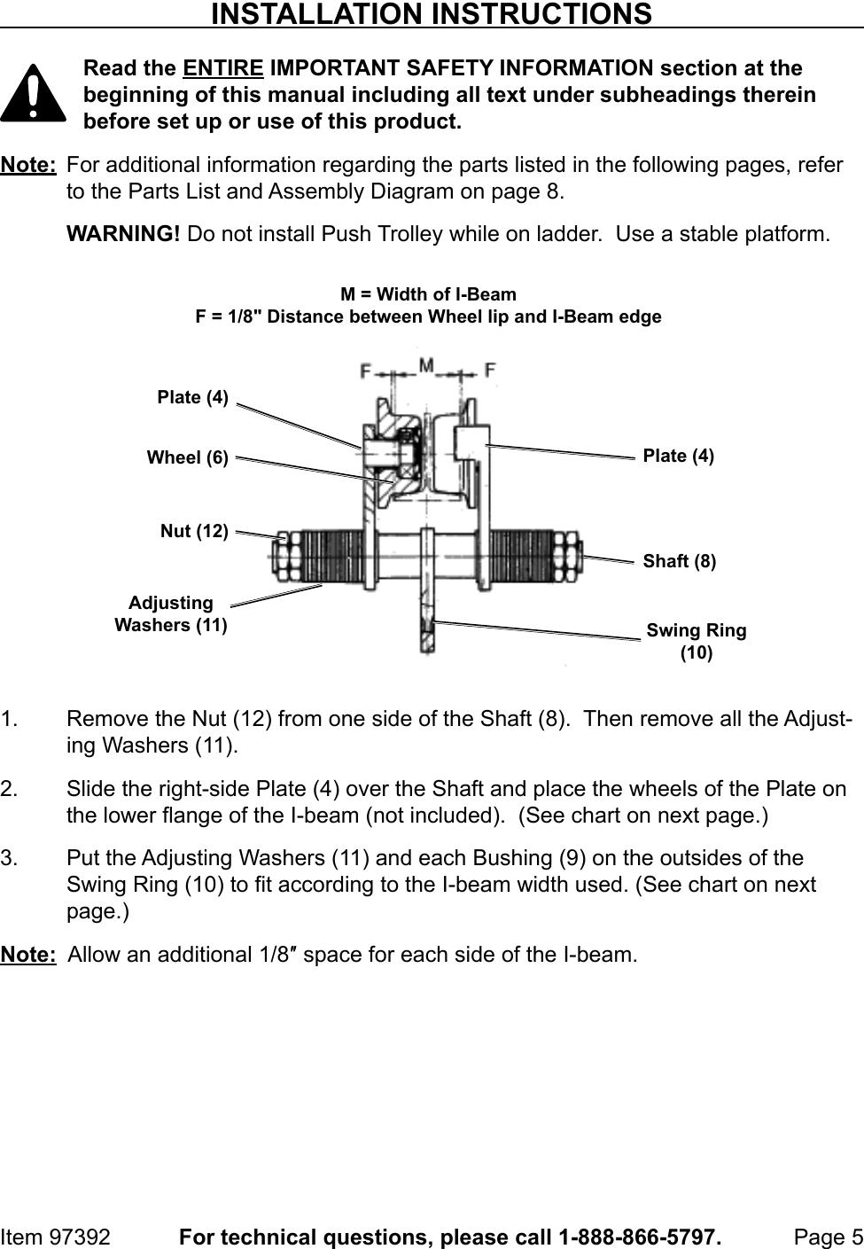 Page 5 of 8 - Manual For The 97392 1 Ton Push Beam Trolley