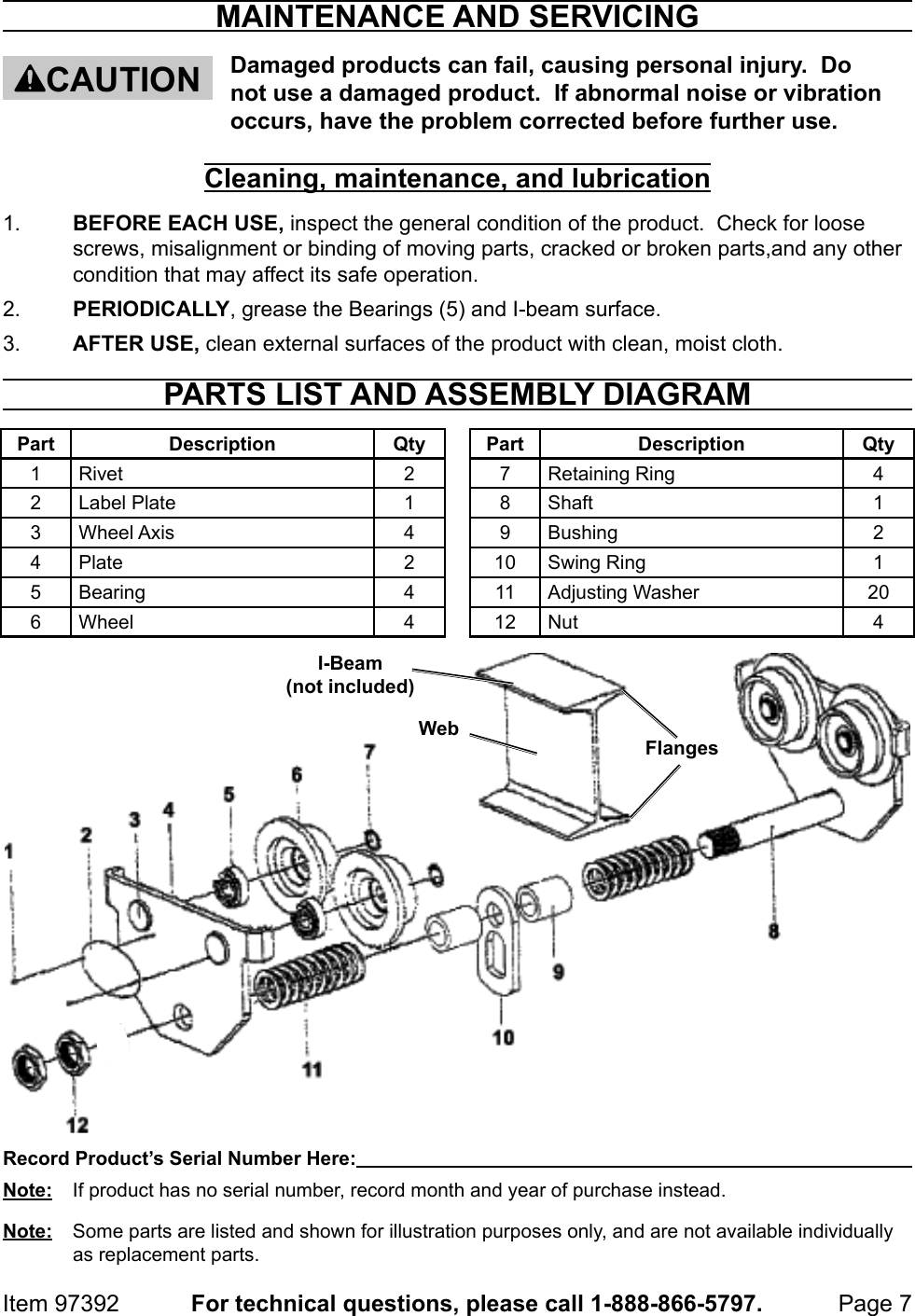 Page 7 of 8 - Manual For The 97392 1 Ton Push Beam Trolley