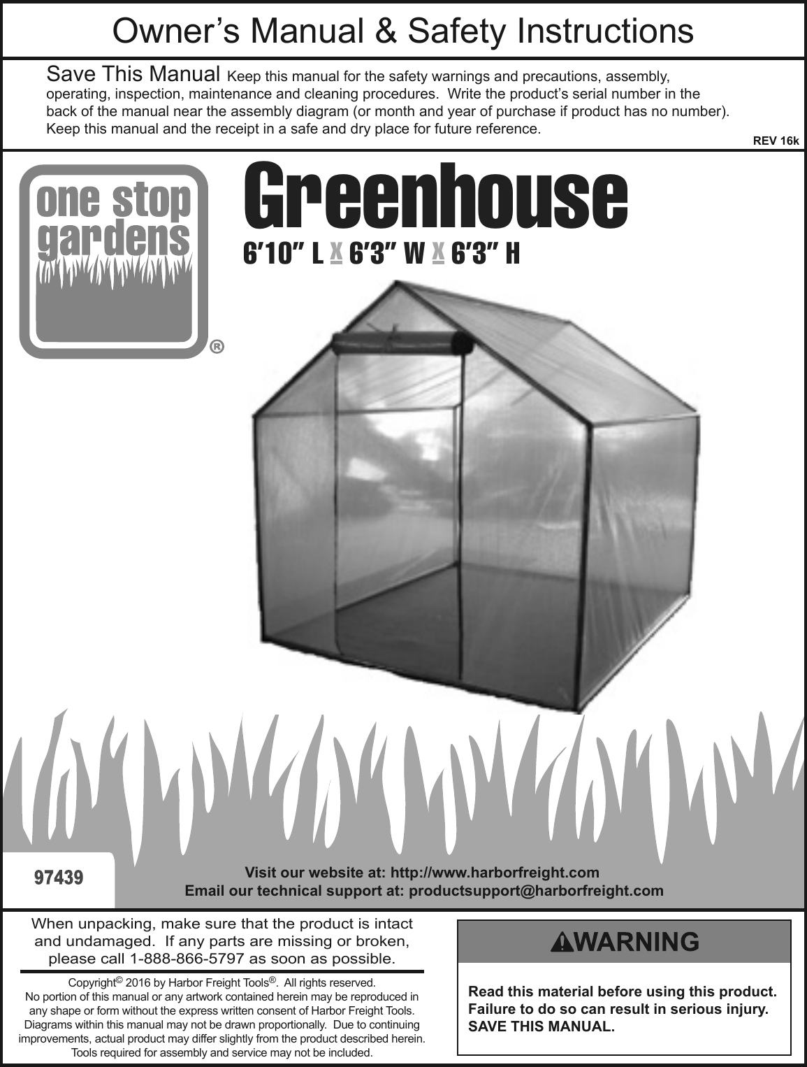 Page 1 of 12 - Manual For The 97439 6 Ft. X Greenhouse