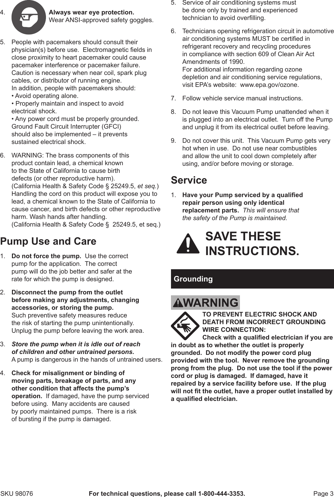 Page 3 of 8 - Manual For The 98076 2.5 CFM Vacuum Pump