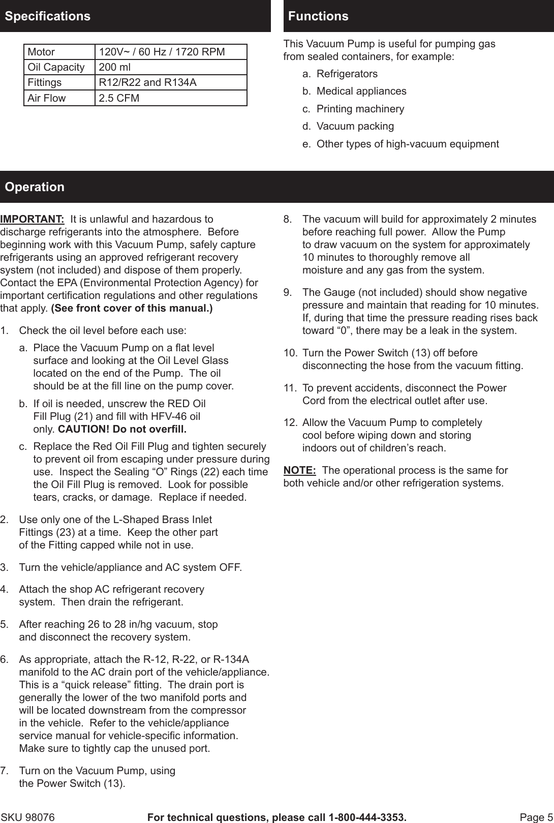 Page 5 of 8 - Manual For The 98076 2.5 CFM Vacuum Pump
