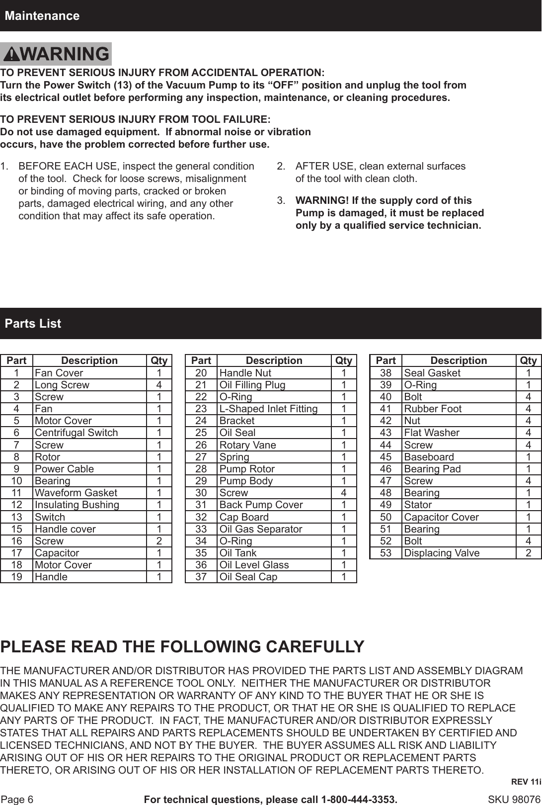 Page 6 of 8 - Manual For The 98076 2.5 CFM Vacuum Pump