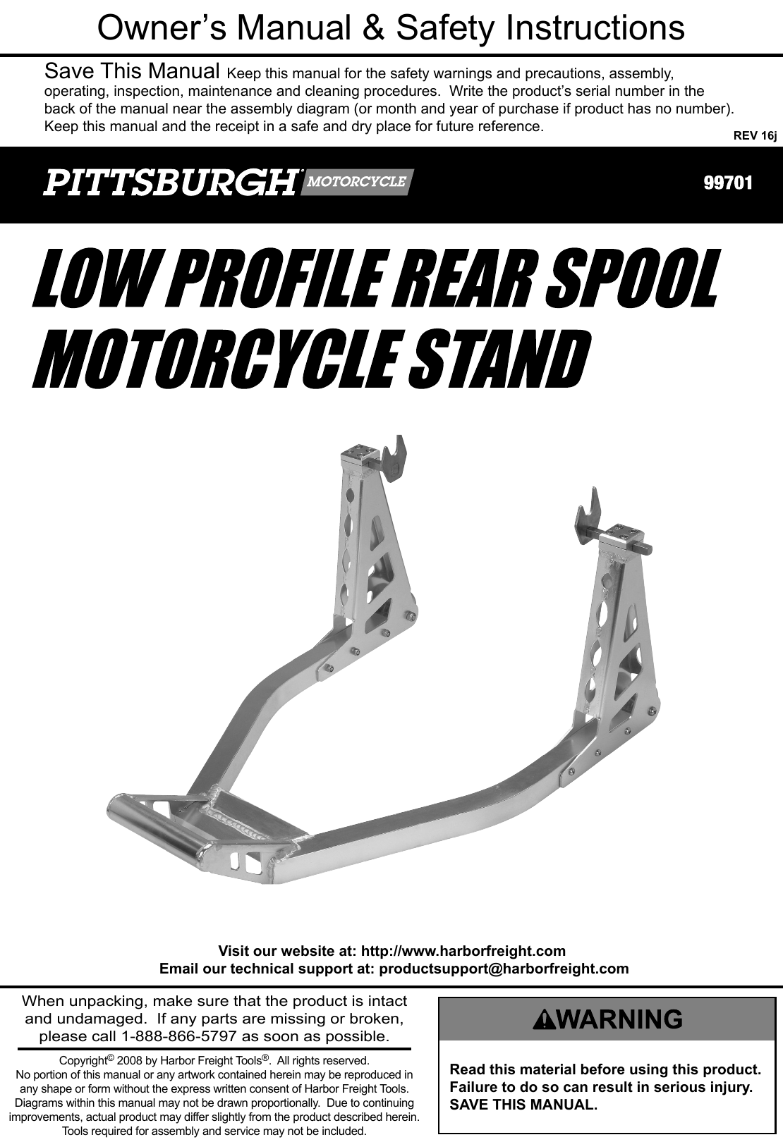 Manual For The 99701 Low Profile Rear Motorcycle Spool Stand