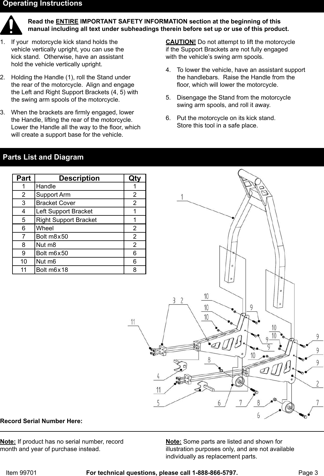 Manual For The 99701 Low Profile Rear Motorcycle Spool Stand