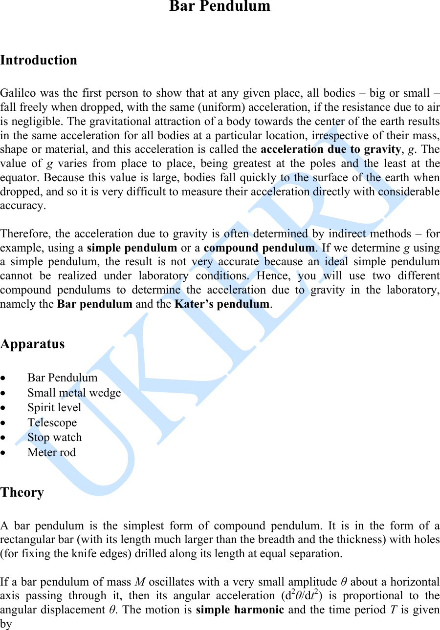 Page 1 of 11 - A 01 Bar Pendulum Experiment Manual