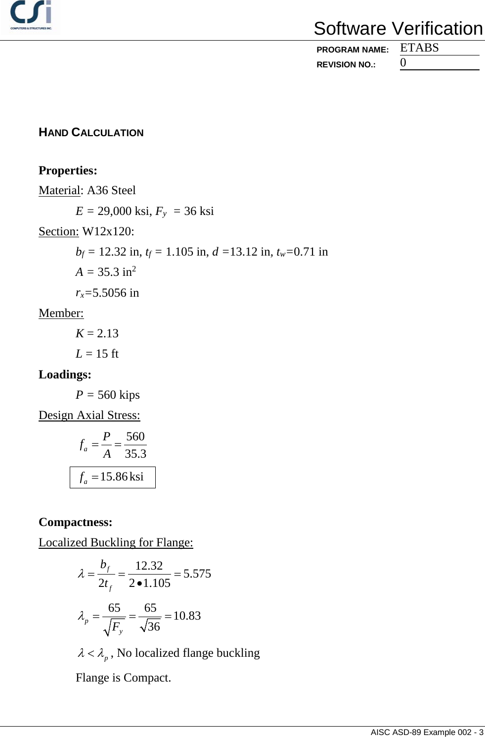 Page 3 of 5 - Contents AISC ASD-89 Example 002