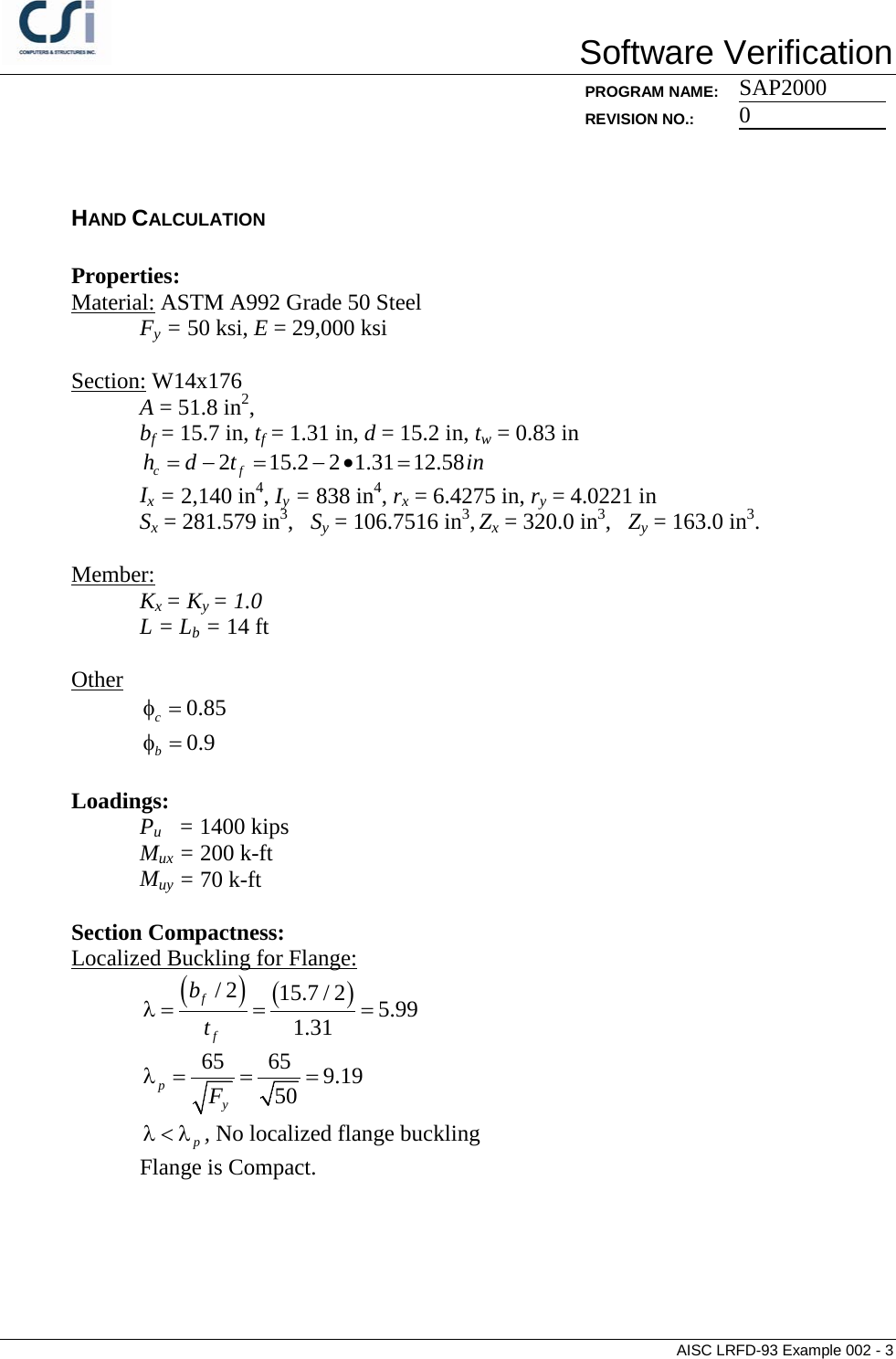 Page 3 of 7 - Contents AISC LRFD-93 Example 002