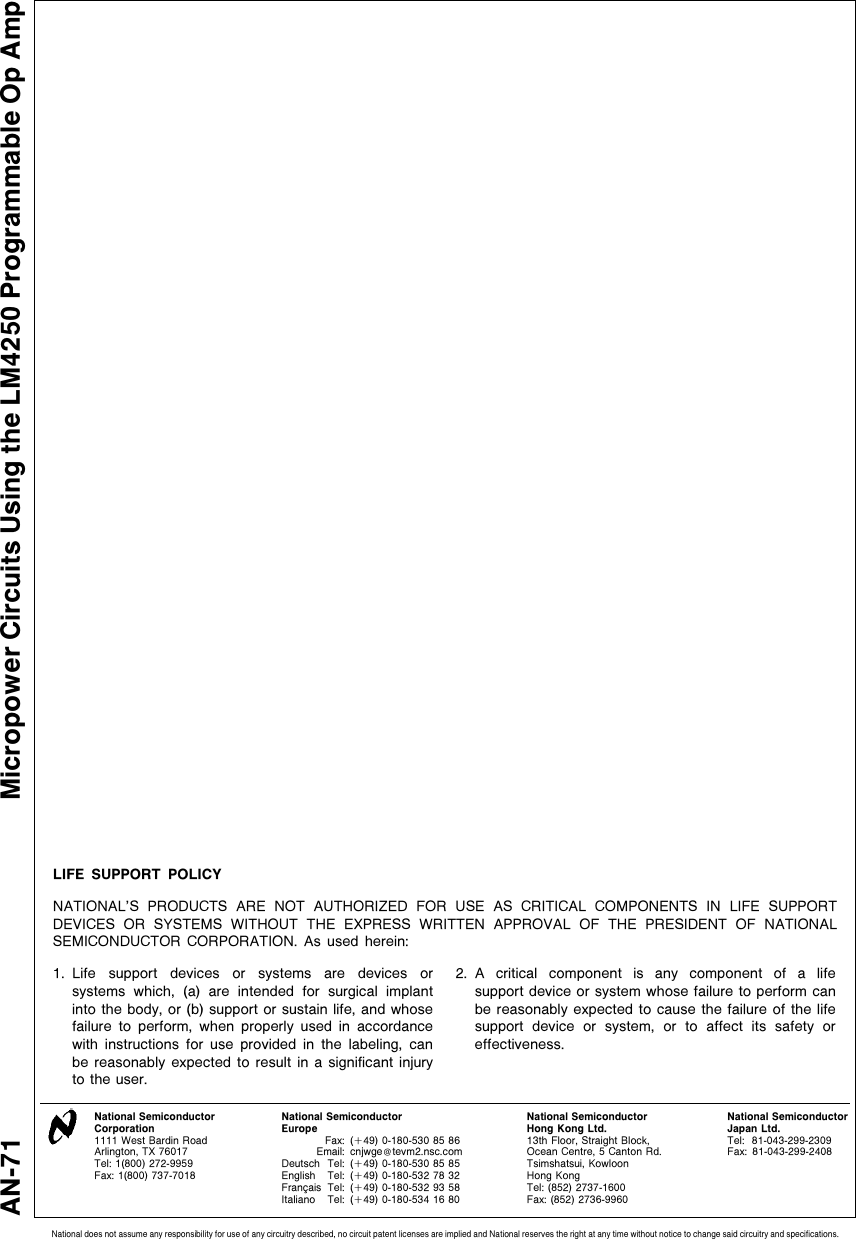 Page 10 of 10 - Micropower Circuits Using The LM4250 Programmable Op Amp AN-0071