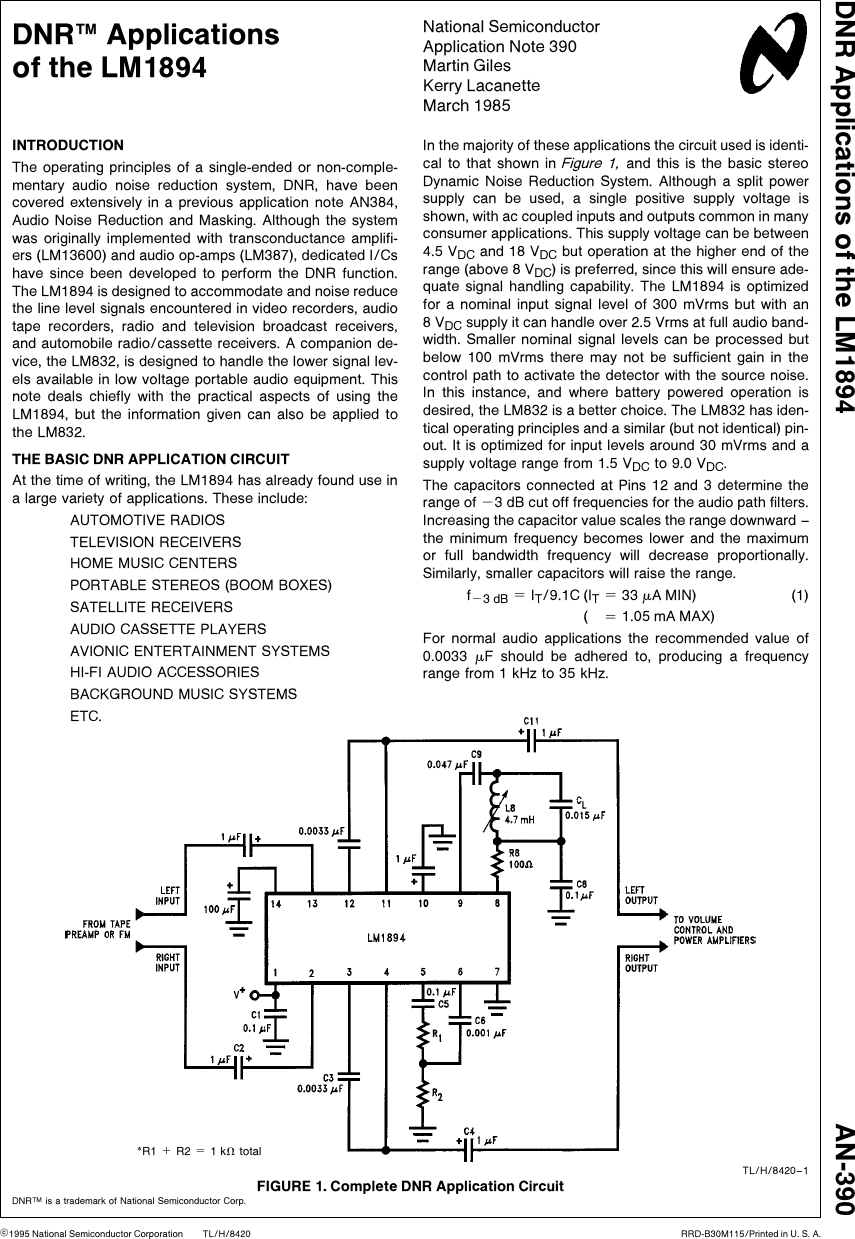 Page 1 of 10 - AN390 DNR - Applications Of The LM1894 AN-0390