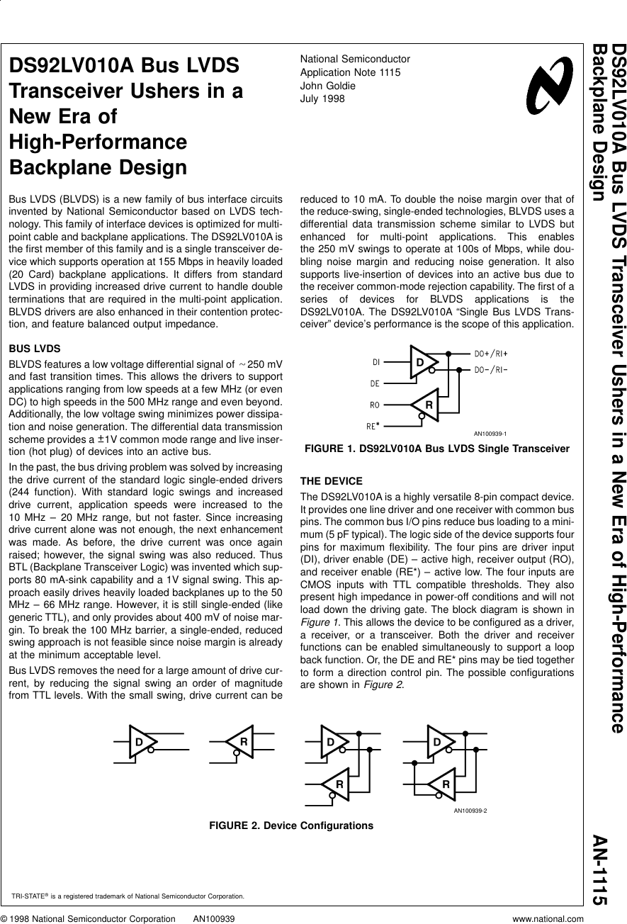 Page 1 of 6 - Application Note 1115 DS92LV010A Bus LVDS Transceiver Ushers In A New Era Of High-Performance Backplane Design AN-1115