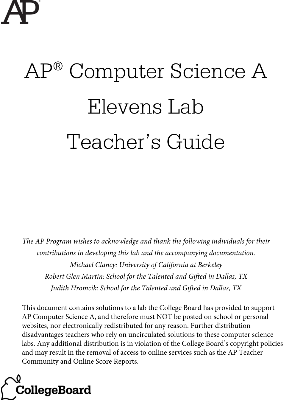 Elevens Lab Teacher’s Guide AP Comp Sci A Teacher