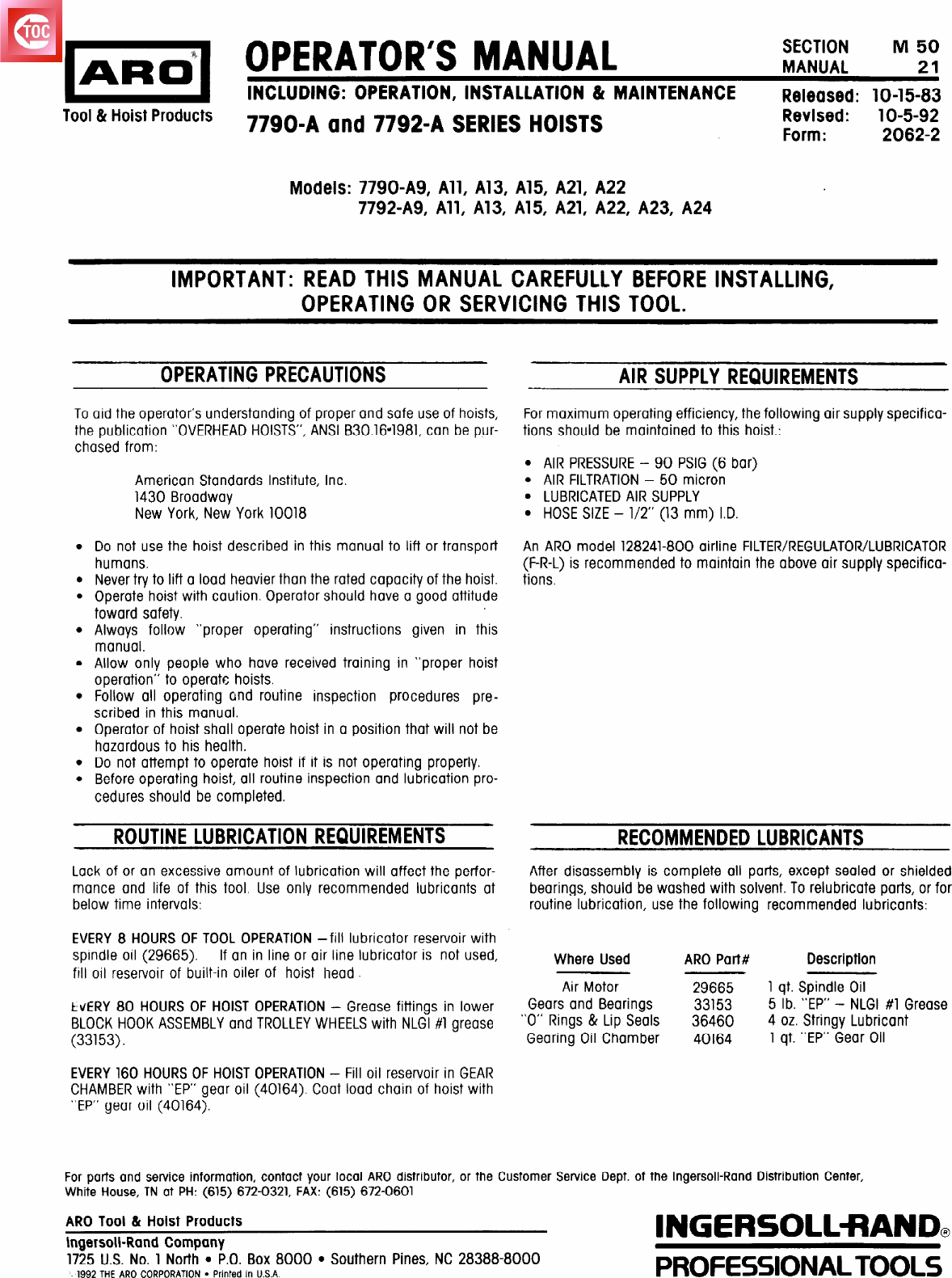 Page 1 of 12 - 49999-015 Form 2062-2 10/5/92 ARO-7790A-7792A-Hoist-Manual