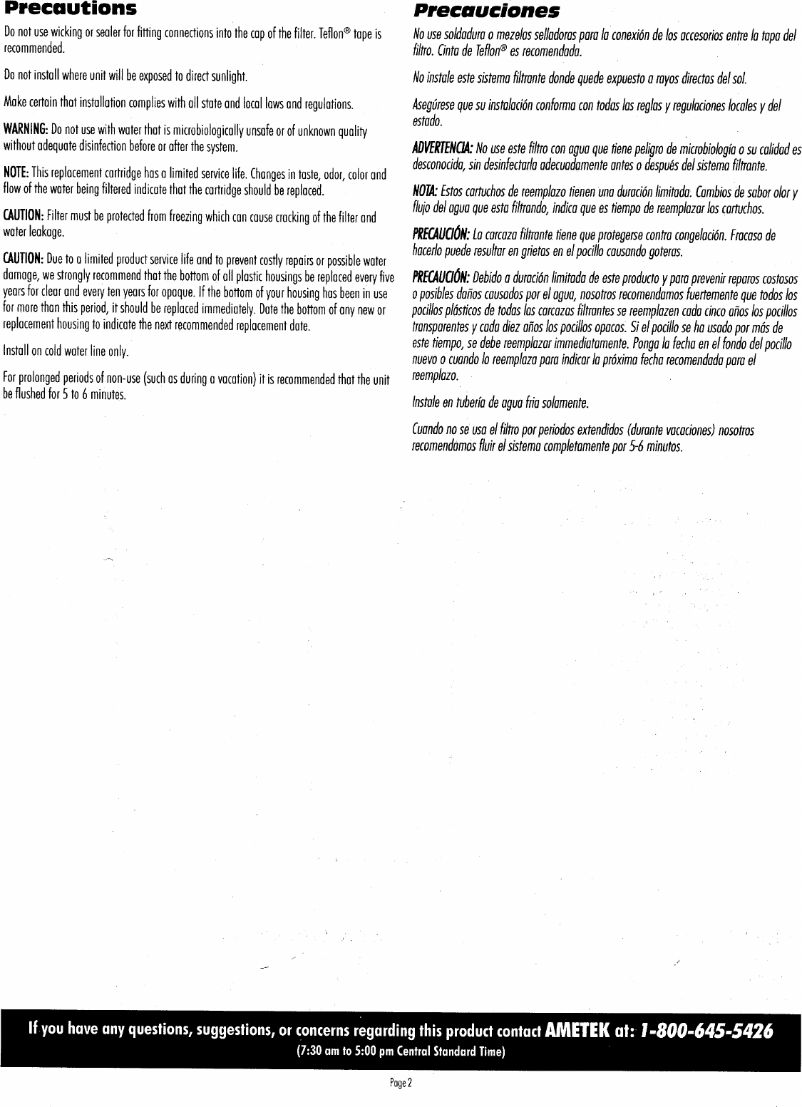 Page 2 of 12 - Ametek Kleen-Plus SY-5167 Water Filter Installation & Operating Instructions Manual