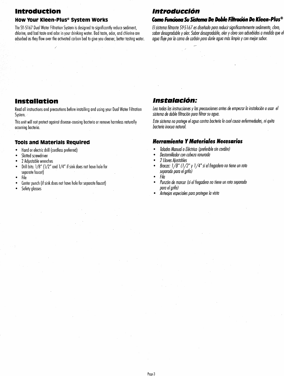 Page 3 of 12 - Ametek Kleen-Plus SY-5167 Water Filter Installation & Operating Instructions Manual