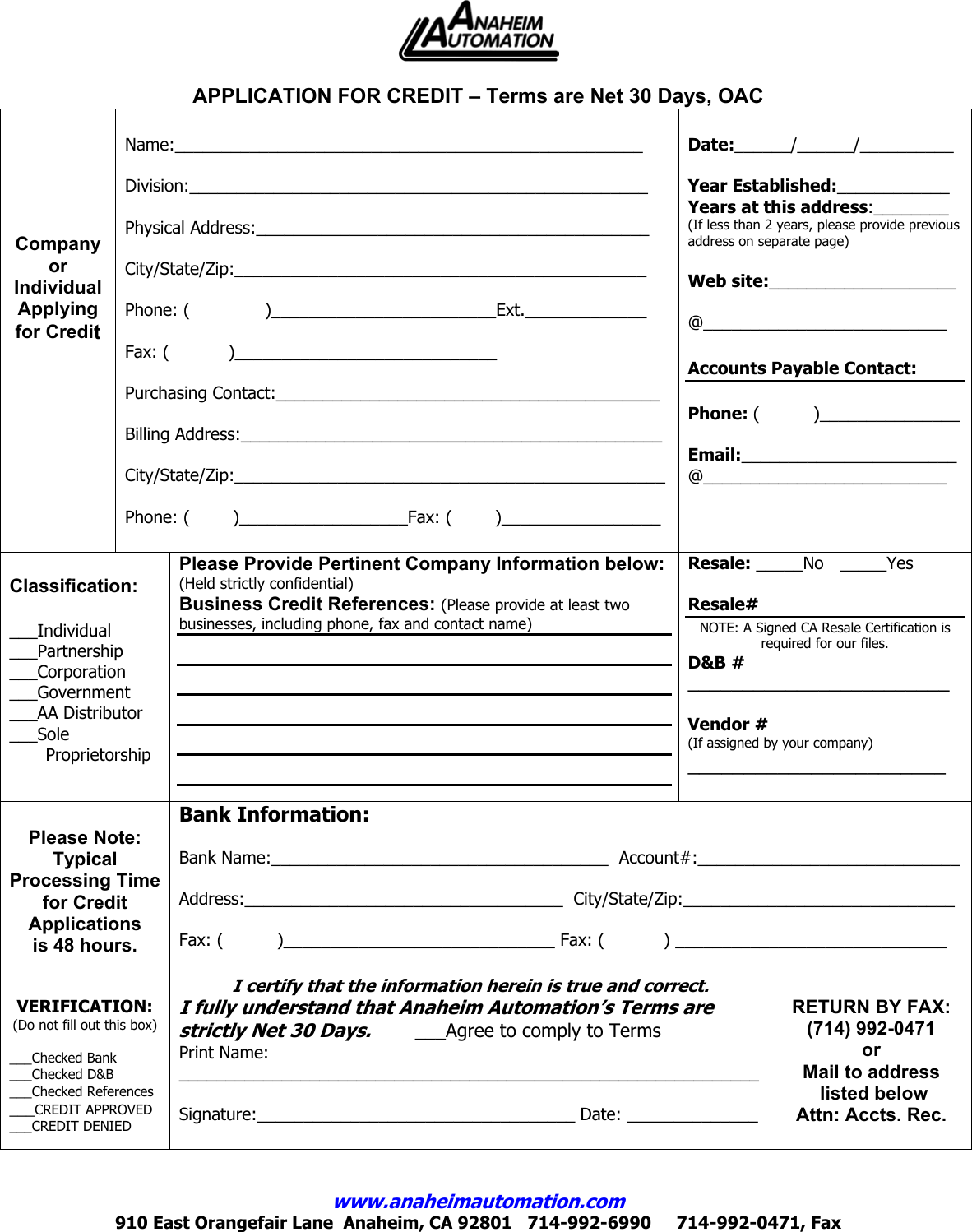 Page 1 of 1 - APPLICATION FOR CREDIT – Terms Are Net 30 Days, OAC Credit,