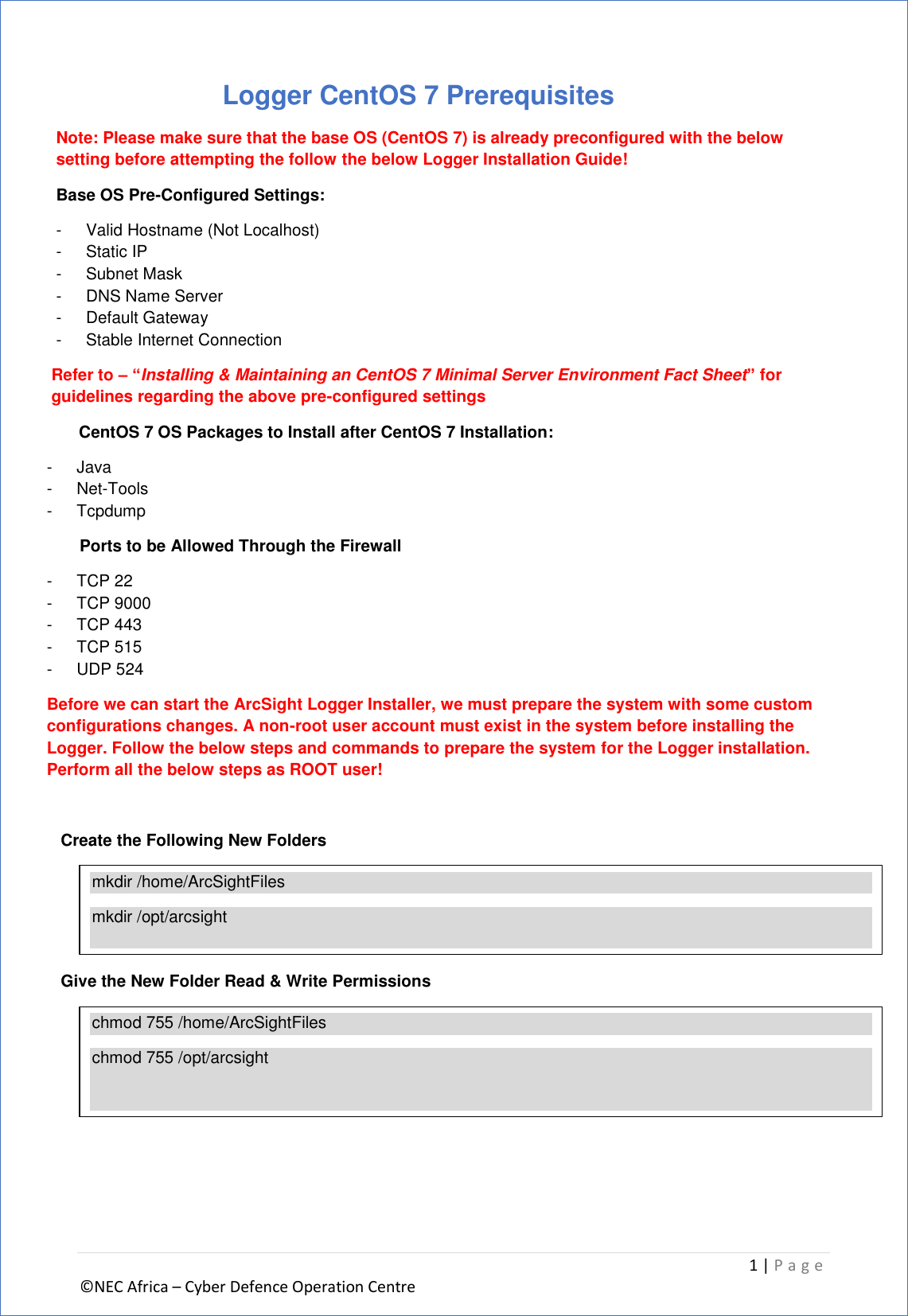 Page 3 of 6 - Cyber Defense Operations Centre Arc Sight Logger 6.4 Install Guide