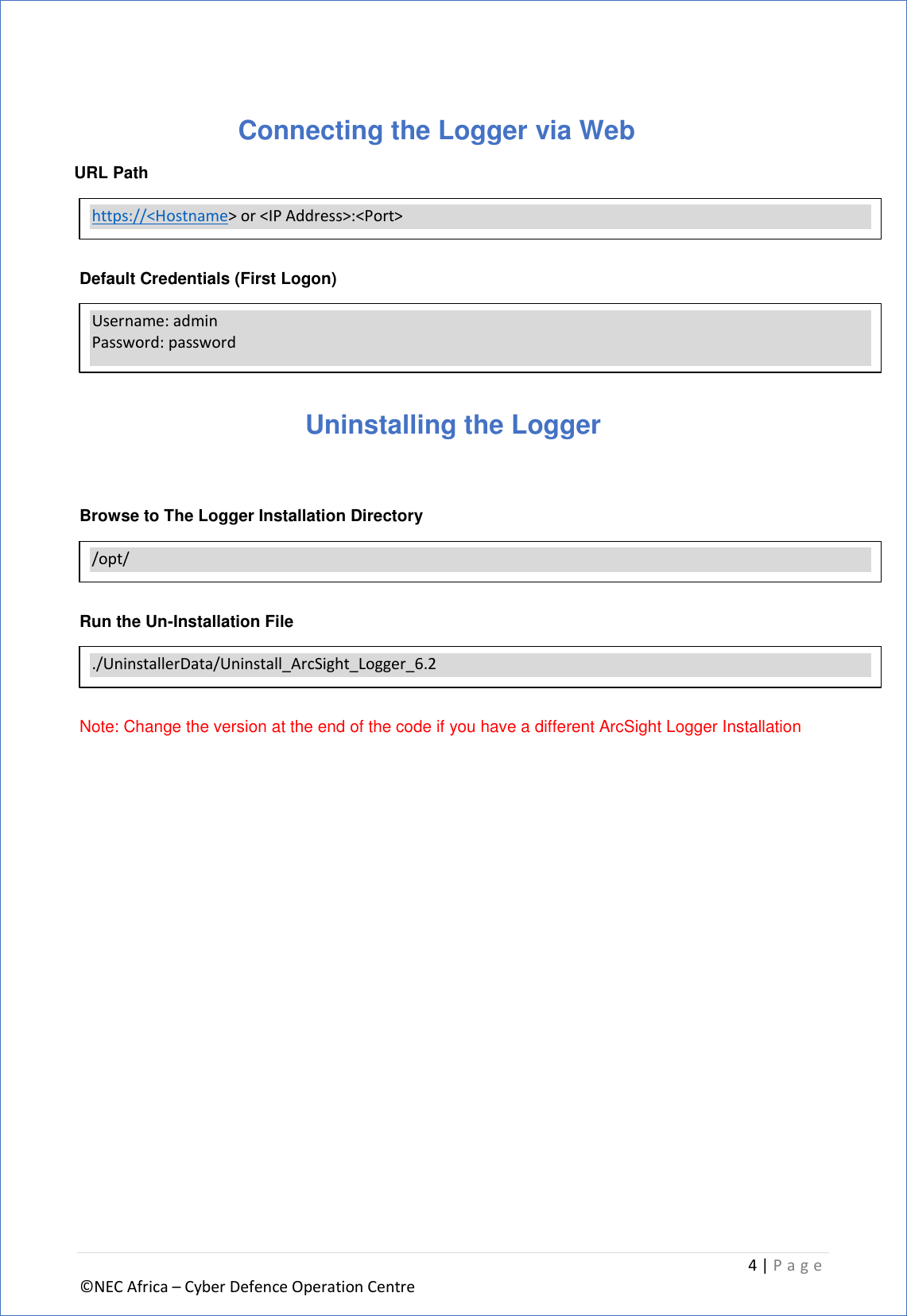 Page 6 of 6 - Cyber Defense Operations Centre Arc Sight Logger 6.4 Install Guide