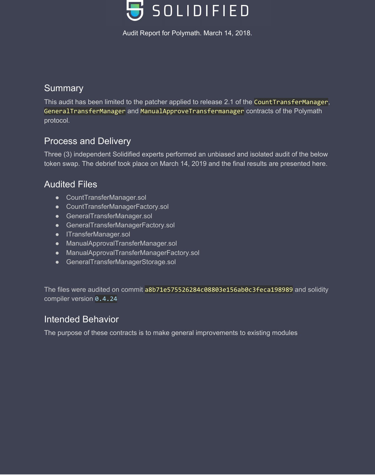 Page 1 of 5 - Audit Report - Polymath Patches For General Transfer Manger, Count Manager And Manual Approval Man