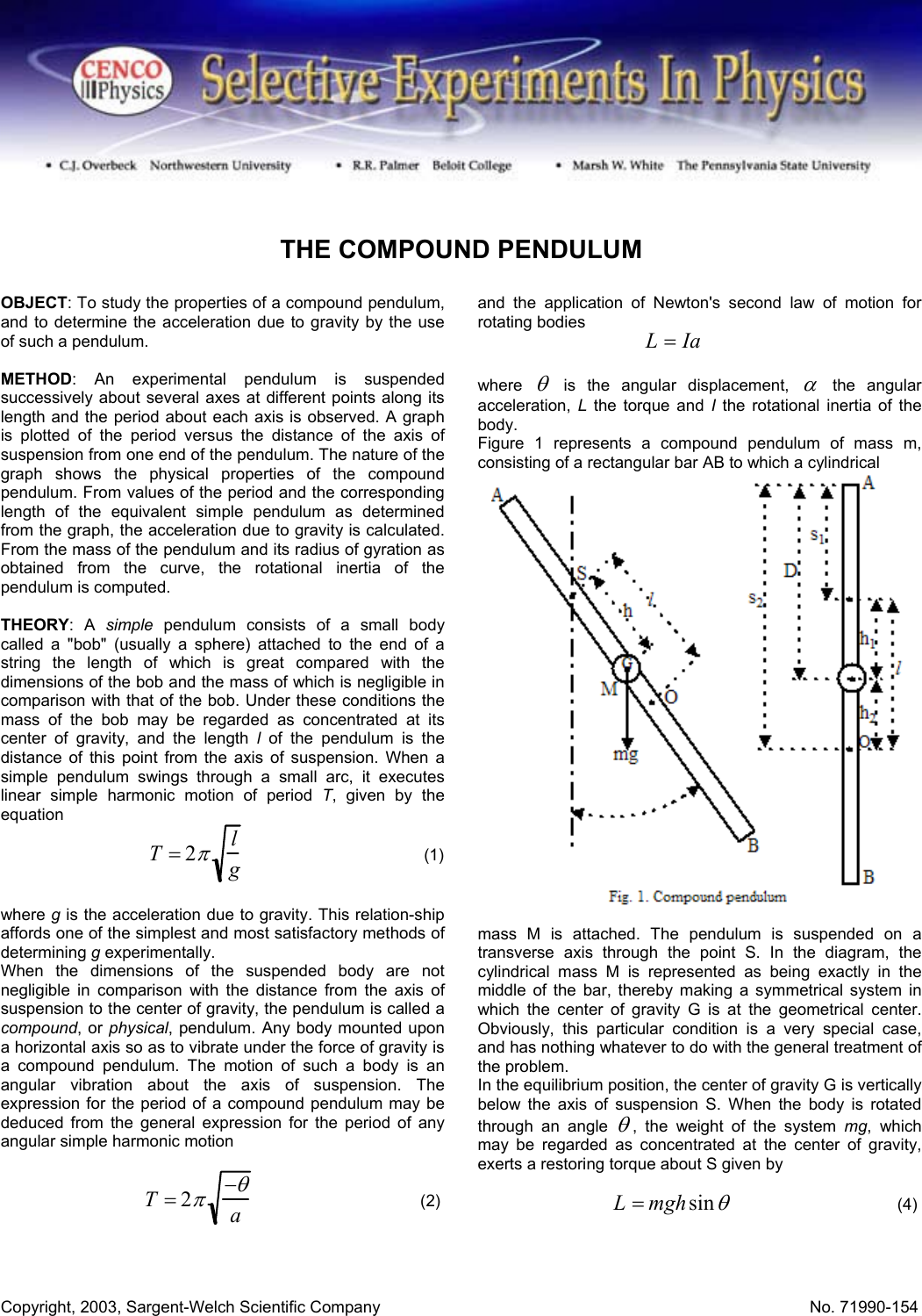 Page 1 of 4 - B 01 CENCO Compound Pendulum Manual